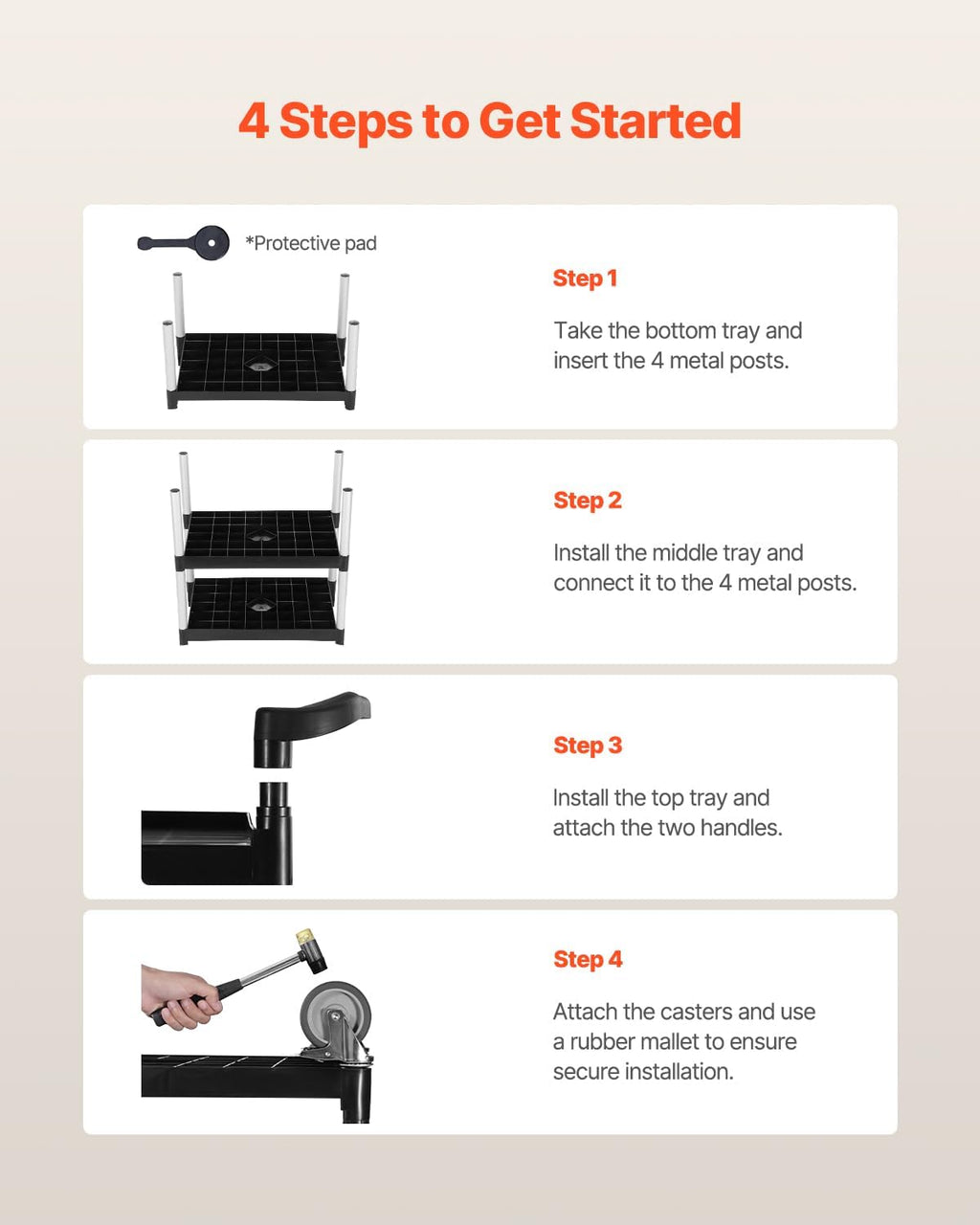 VEVOR Utility Cart, 300 lbs Load Capacity, 3-Tier Utility Plastic Cart with 360° Swivel Wheels (2 with Brakes), 24.4 x 16.1-inch Food Service Cart for Warehouse, Office, Home, Restaurant, Kitchen
