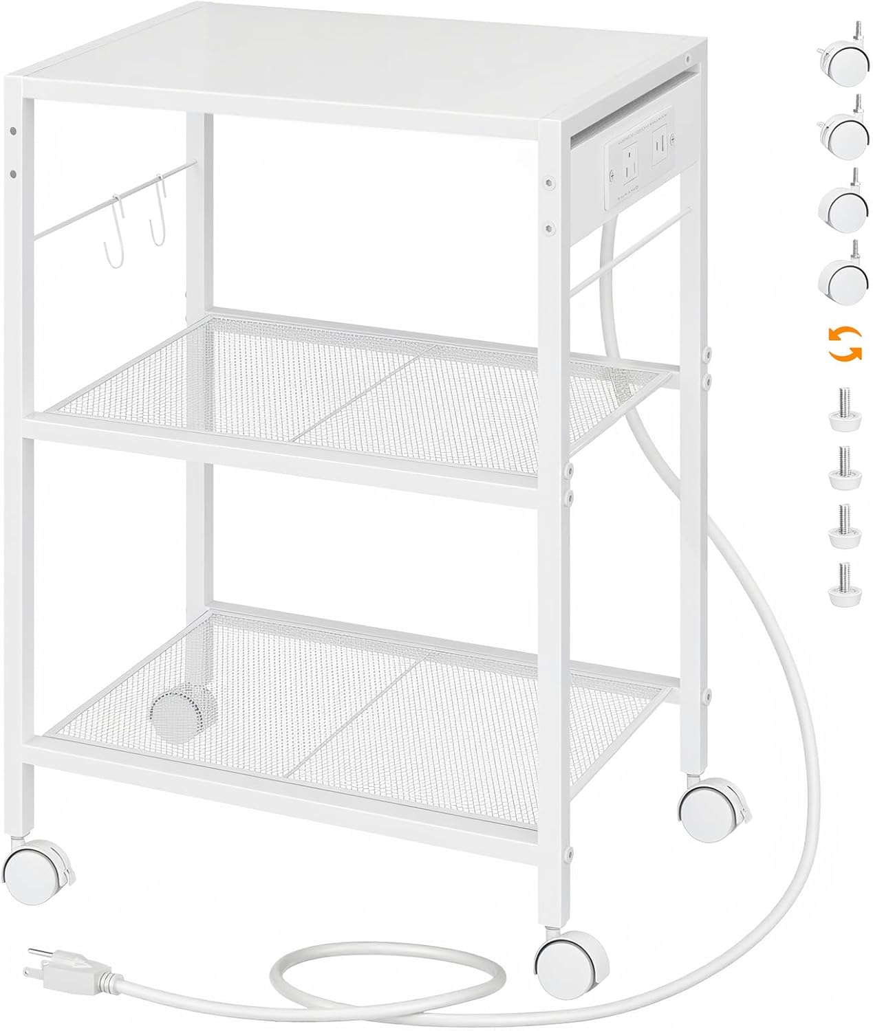 HOOBRO Industrial Printer Stand, 3-Tier Mobile Printer Table, Rolling Cart with Power Outlets and USB Ports, Home Printer Stand with 2 Hooks, for Office, Living Room, Rustic Brown BF22UPS01