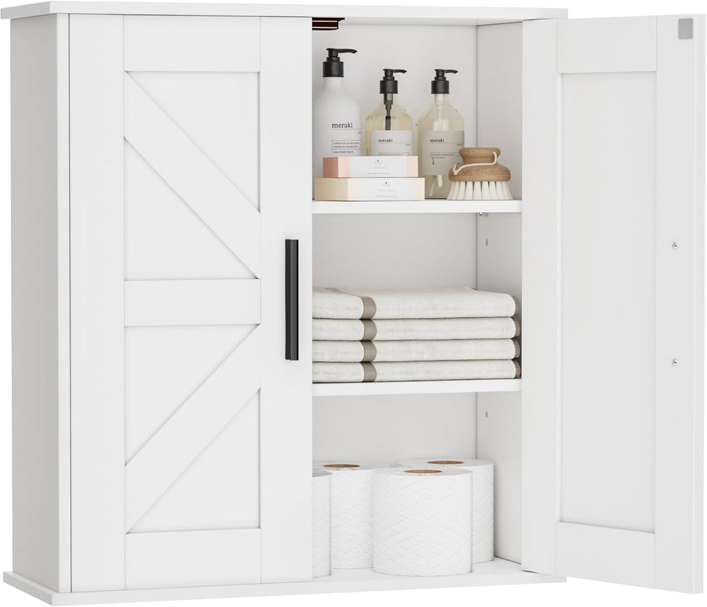 Bathroom Wall Cabinet, Over Toilet Storage Cabinet with Barn Doors and Adjustable Shelves, 3-Tier Medicine Cabinet Wall Mounted, for Bathroom, Kitchen, Entryway, Laundry Room, White, (7.9" D)