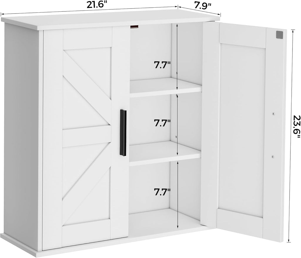 Bathroom Wall Cabinet, Over Toilet Storage Cabinet with Barn Doors and Adjustable Shelves, 3-Tier Medicine Cabinet Wall Mounted, for Bathroom, Kitchen, Entryway, Laundry Room, White, (7.9" D)