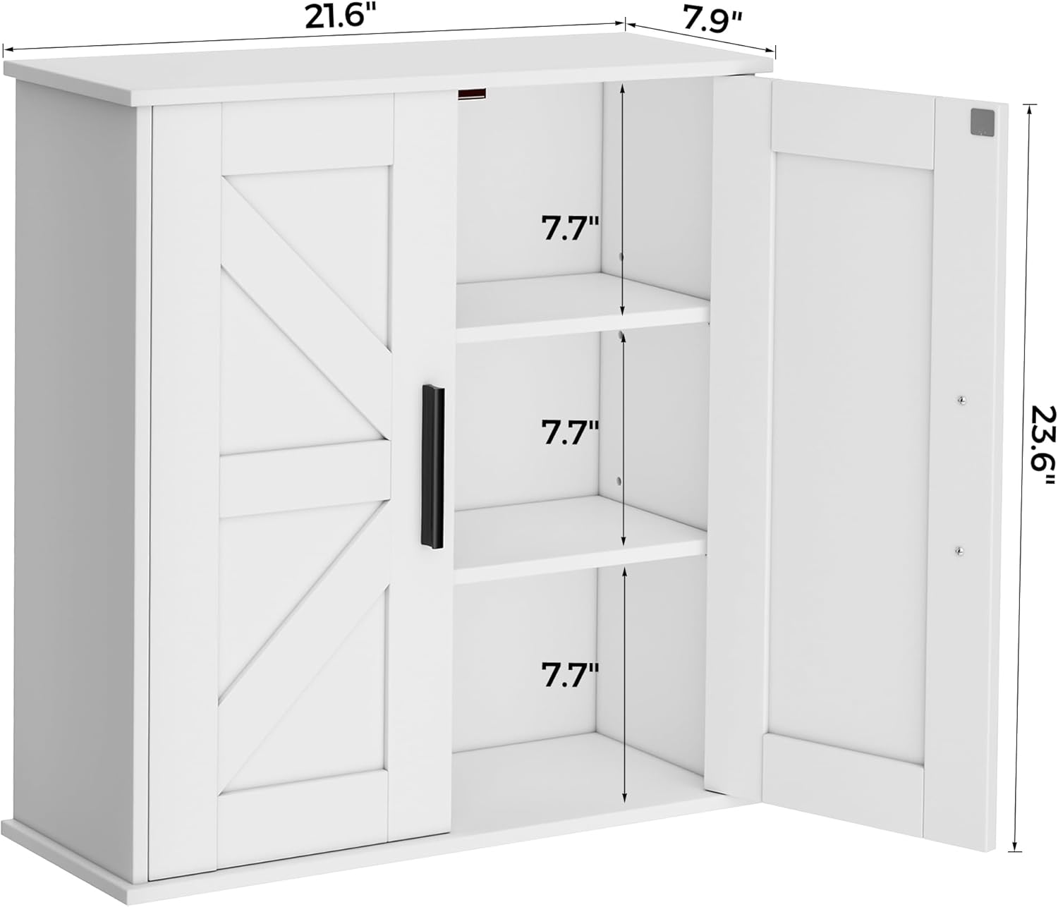 Bathroom Wall Cabinet, Over Toilet Storage Cabinet with Barn Doors and Adjustable Shelves, 3-Tier Medicine Cabinet Wall Mounted, for Bathroom, Kitchen, Entryway, Laundry Room, White, (7.9" D)