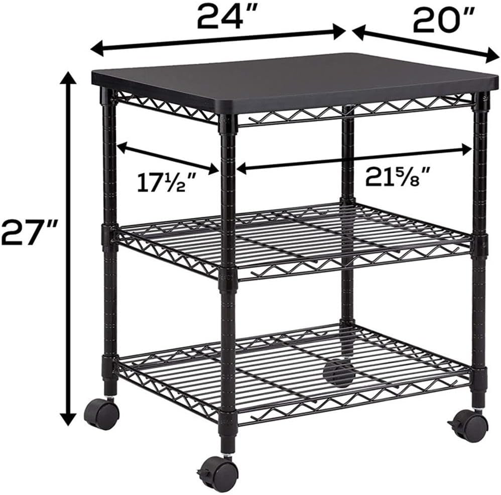 Safco Deskside 3 Tier Rolling Cart Printer Stand, Mobile Utility Table for Home Office with Steel Shelves, Black