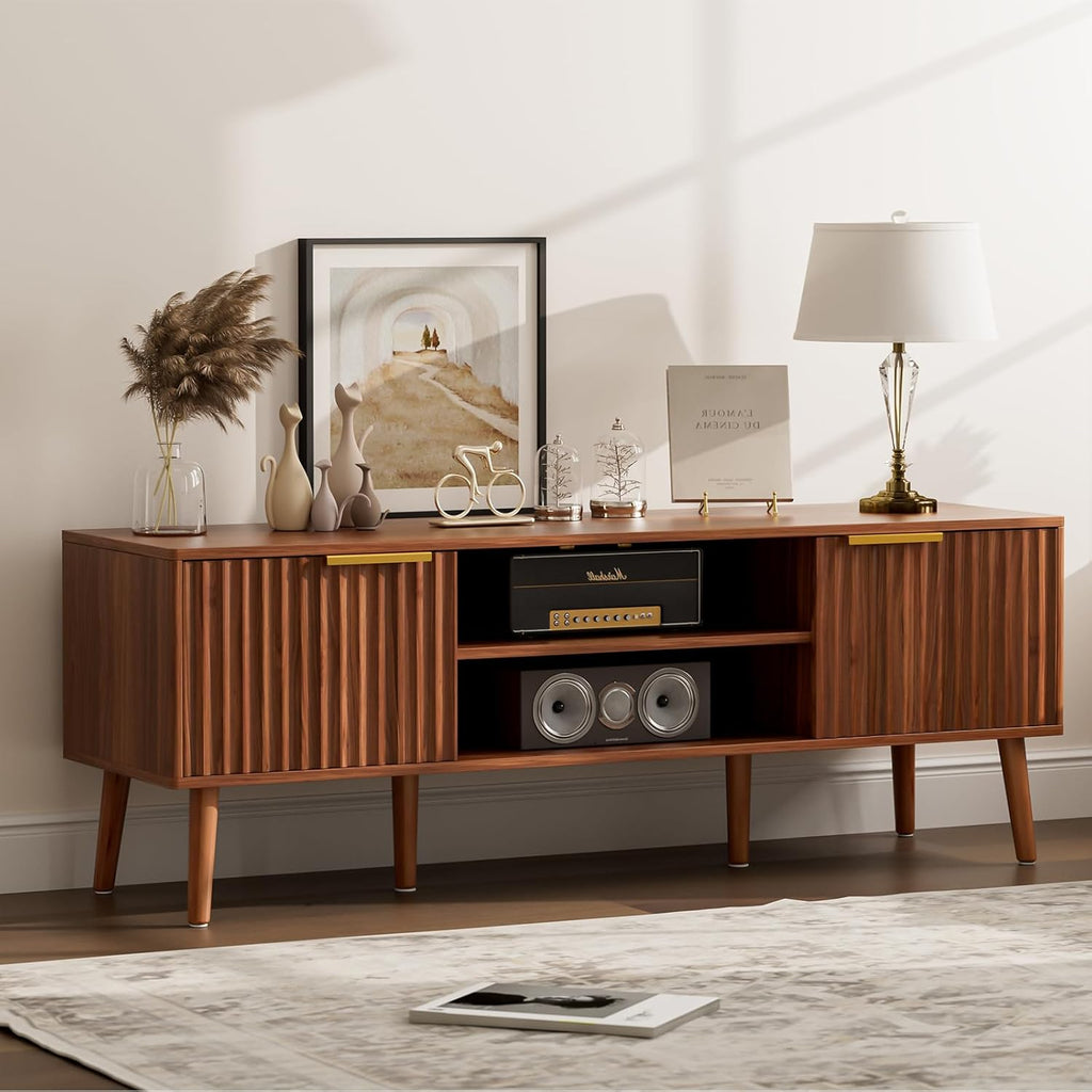 TV Stand for Living Room, Mid Century Modern Entertainment Center for 55/60 inch TVs, TV Console with Fluted Door Cabinets and Open Shelves, for Bedroom, Walnut