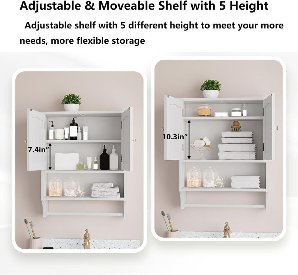Bathroom Cabinet, White Bathroom Wall Cabinet with 2 Doors and Adjustable Shelf, Wall Mount, Towel Rack, Over The Toilet Storage Cabinet, Medicine Cabinet