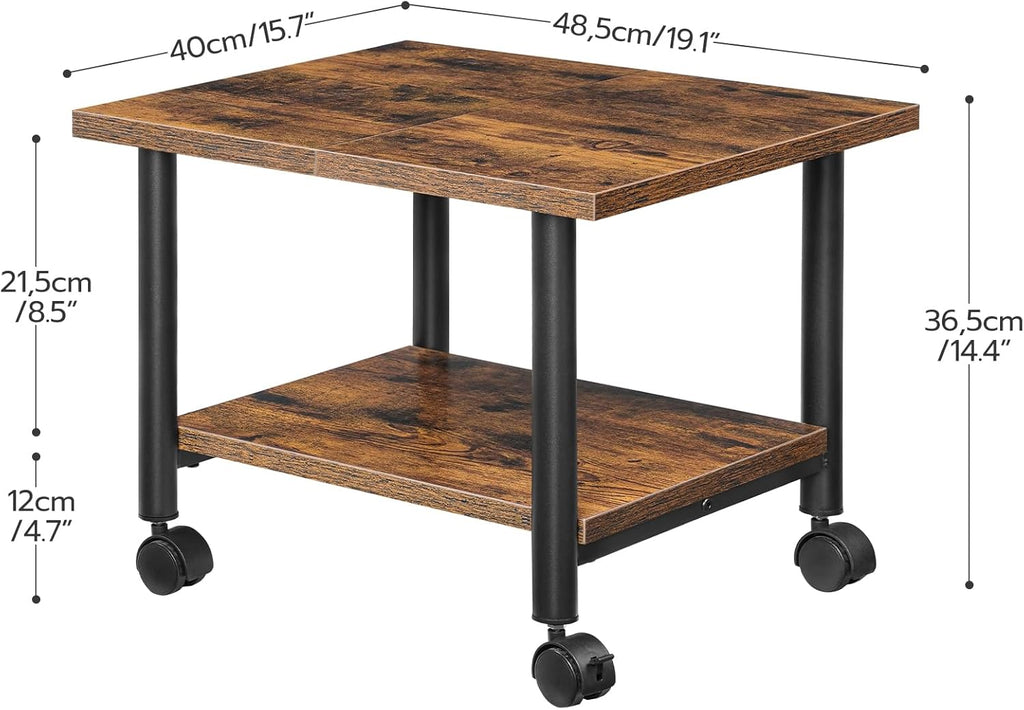 HOOBRO Printer Stand, 2-Tier Industrial Under Desk Printer Cart with Shelf, Mobile Heavy Duty Storage Rack on Wheels for Home, Office, Rustic Brown and Black BF02PS01G1