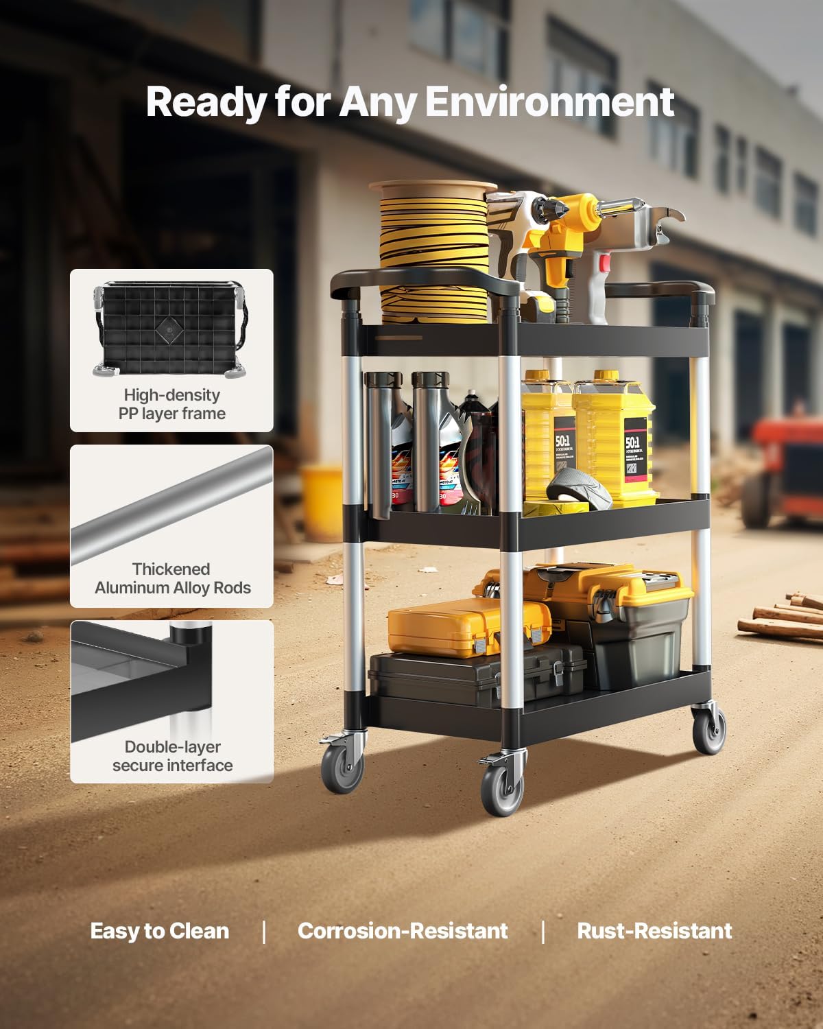 VEVOR Utility Cart, 300 lbs Load Capacity, 3-Tier Utility Plastic Cart with 360° Swivel Wheels (2 with Brakes), 24.4 x 16.1-inch Food Service Cart for Warehouse, Office, Home, Restaurant, Kitchen