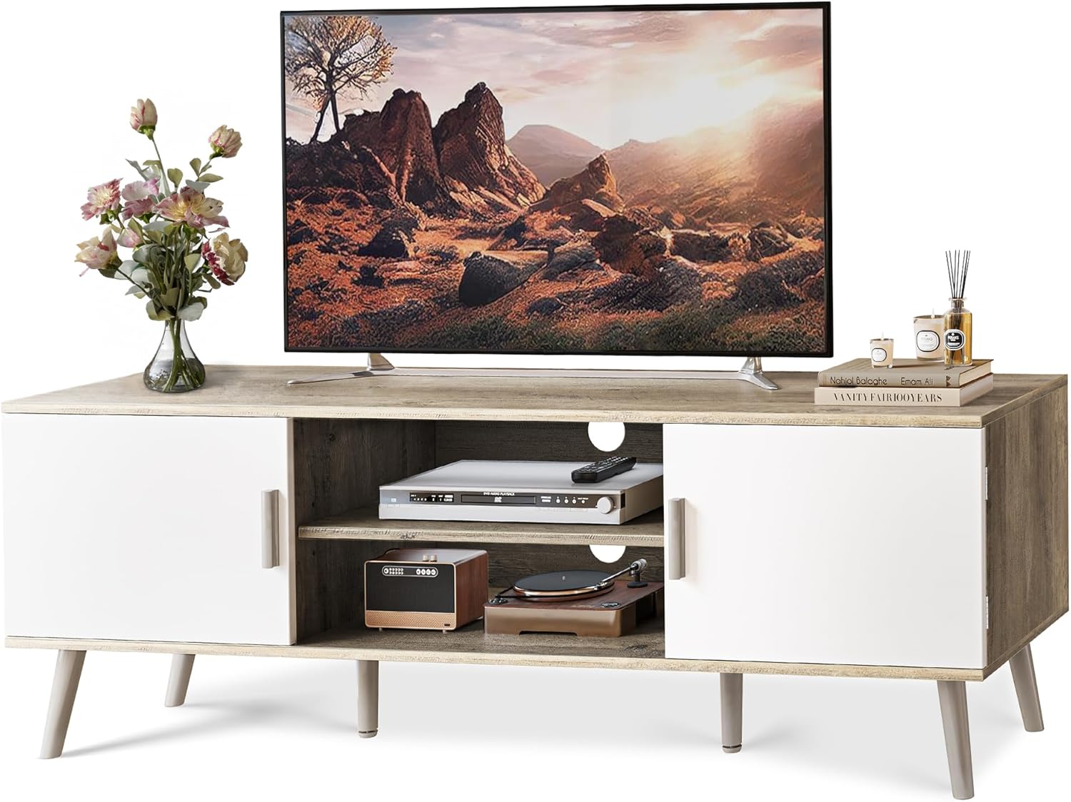 SUPERJARE TV Stand for 55 Inch TV, Entertainment Center with Adjustable Shelf, 2 Cabinets, TV Console Table, Media Console, Solid Wood Feet, Cord Holes, for Living Room, Bedroom, Rustic Brown