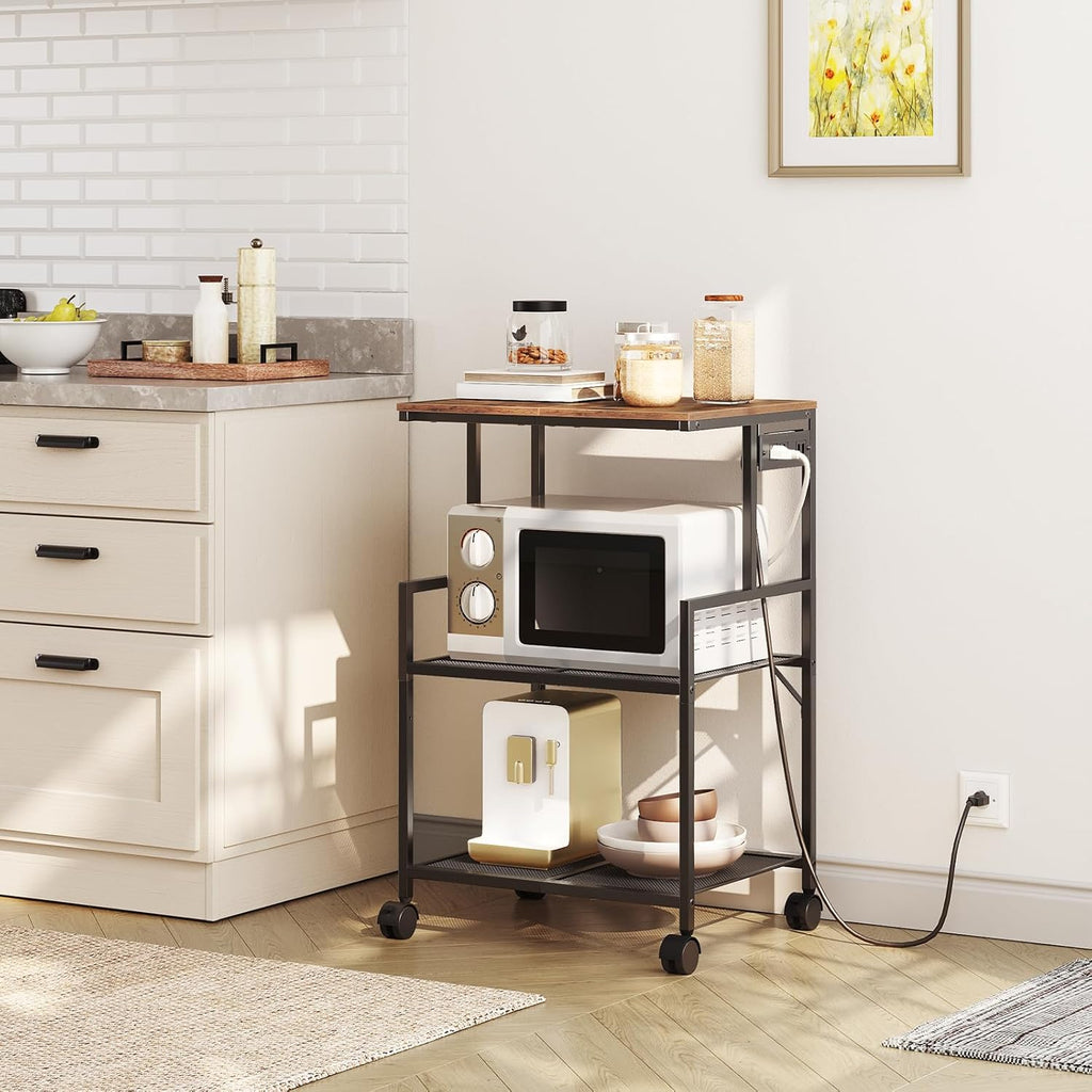 Mobile Printer Stand, 3-Tier Industrial Printer Cart with Power Outlets and 2 USB Ports, Rolling Printer Table on Wheels for Home Offices Kitchen Organization Rack, Rustic Brown PTHR78E01