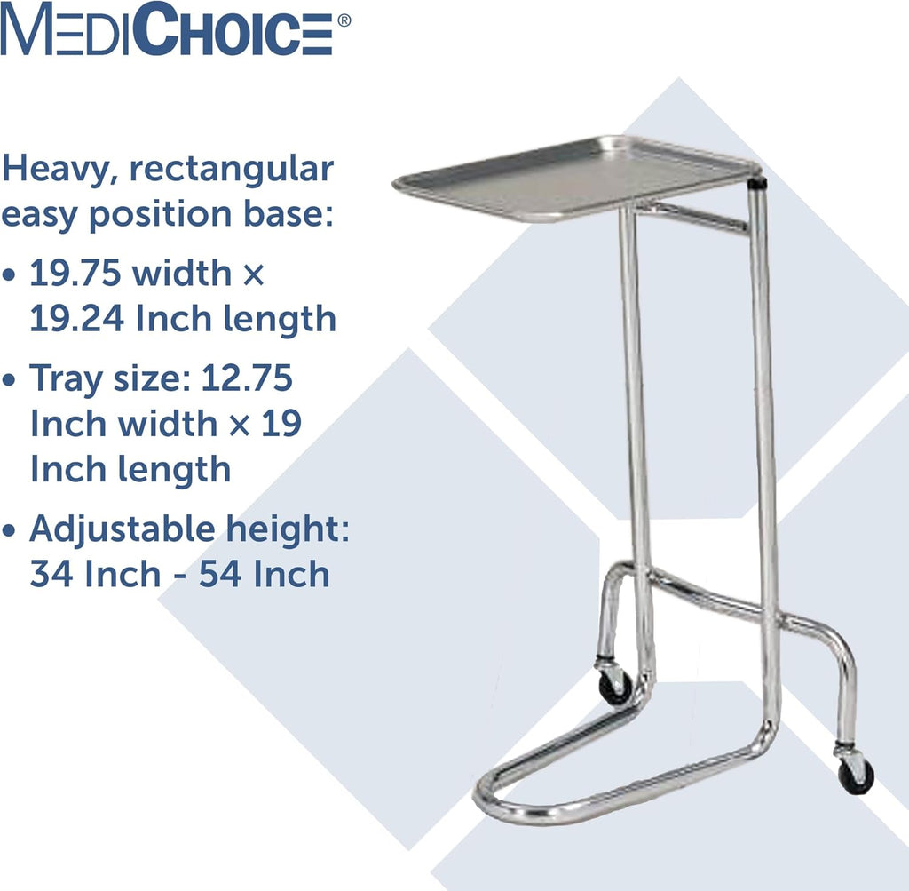 MediChoice Mayo Portable Adjustable Tray Steel Premium Instrument Stand Medical Dental Salon Tattoo Esthetician Mobile Service Cart Table Station Height 34-54 Inch MAYO1201