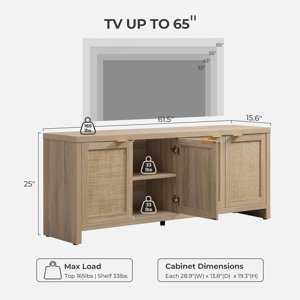 SICOTAS TV Stand for Living Room Boho Entertainment Center for Bedroom with 4 Rattan Cabinets Farmhouse Television Stands with Storage Large Media Console Table for TVs up to 45 50 55 60 65 Inch