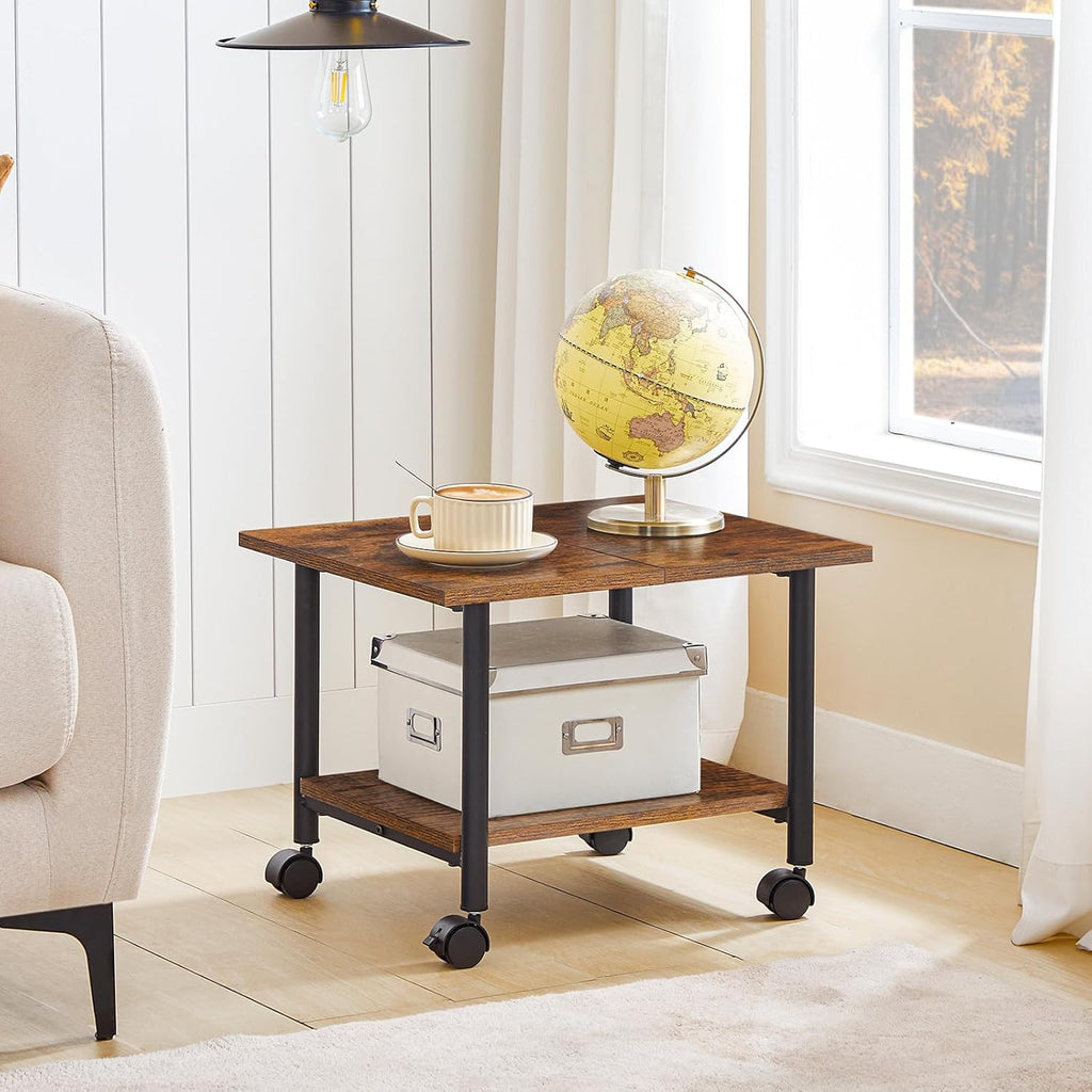 HOOBRO Printer Stand, 2-Tier Industrial Under Desk Printer Cart with Shelf, Mobile Heavy Duty Storage Rack on Wheels for Home, Office, Rustic Brown and Black BF02PS01G1