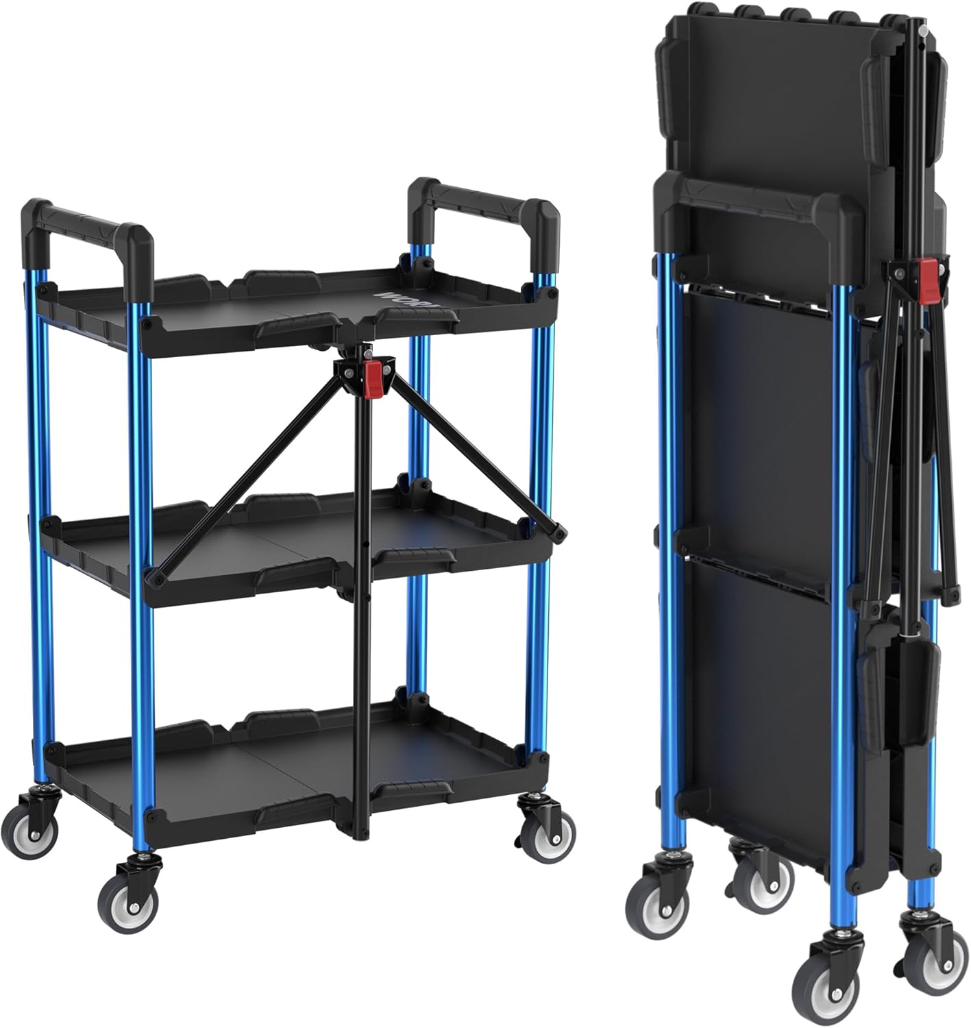 WORKPRO 3-Tier Collapsible Service Cart, 210 LBS Foldable Utility Service Cart with Wheels, Portable Tool Cart for Garage, Warehouse, Home, Restaurant, Office (No Assembly Required)