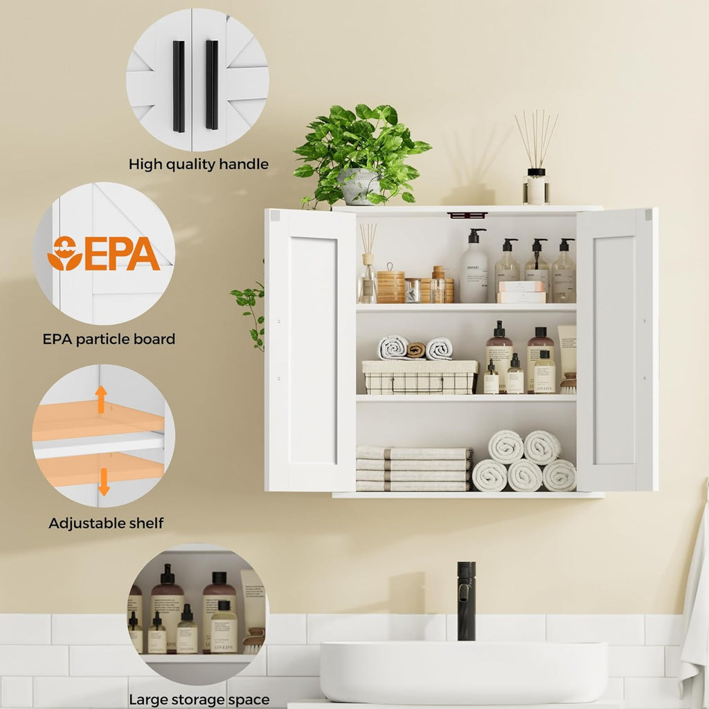 Bathroom Wall Cabinet, Over Toilet Storage Cabinet with Barn Doors and Adjustable Shelves, 3-Tier Medicine Cabinet Wall Mounted, for Bathroom, Kitchen, Entryway, Laundry Room, White, (7.9" D)