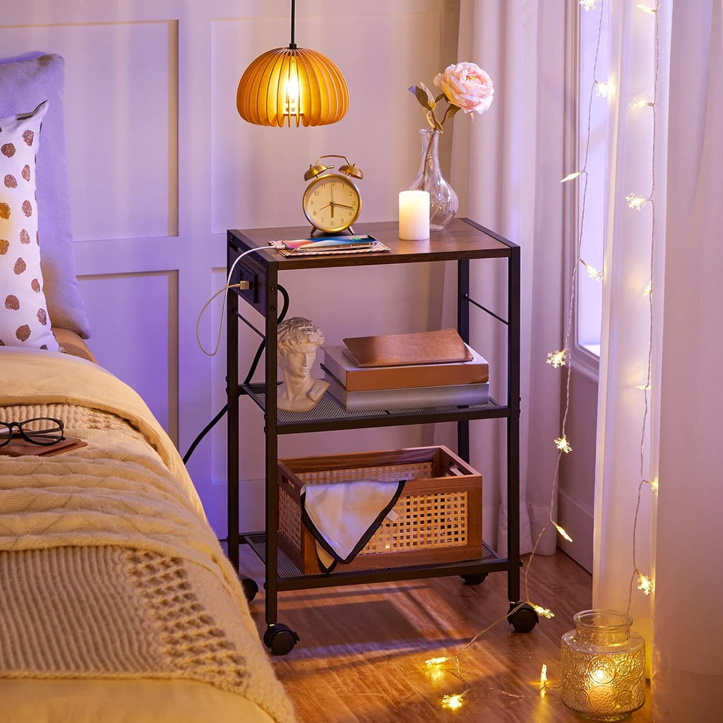 HOOBRO Industrial Printer Stand, 3-Tier Mobile Printer Table, Rolling Cart with Power Outlets and USB Ports, Home Printer Stand with 2 Hooks, for Office, Living Room, Rustic Brown BF22UPS01