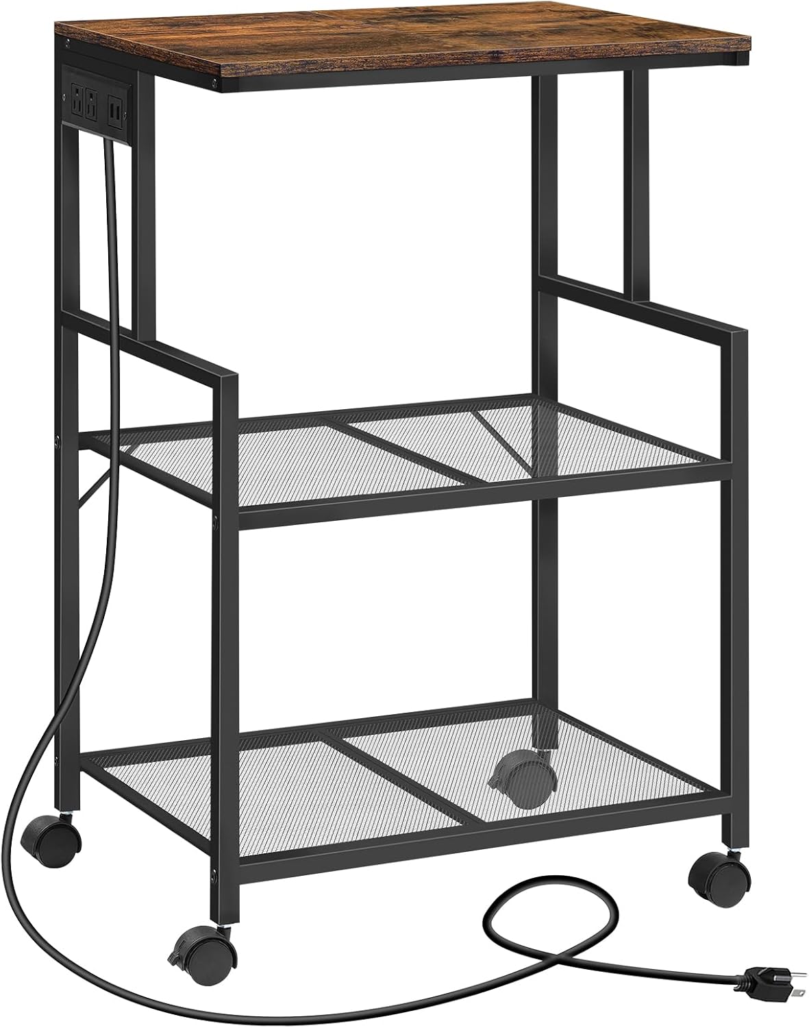 Mobile Printer Stand, 3-Tier Industrial Printer Cart with Power Outlets and 2 USB Ports, Rolling Printer Table on Wheels for Home Offices Kitchen Organization Rack, Rustic Brown PTHR78E01