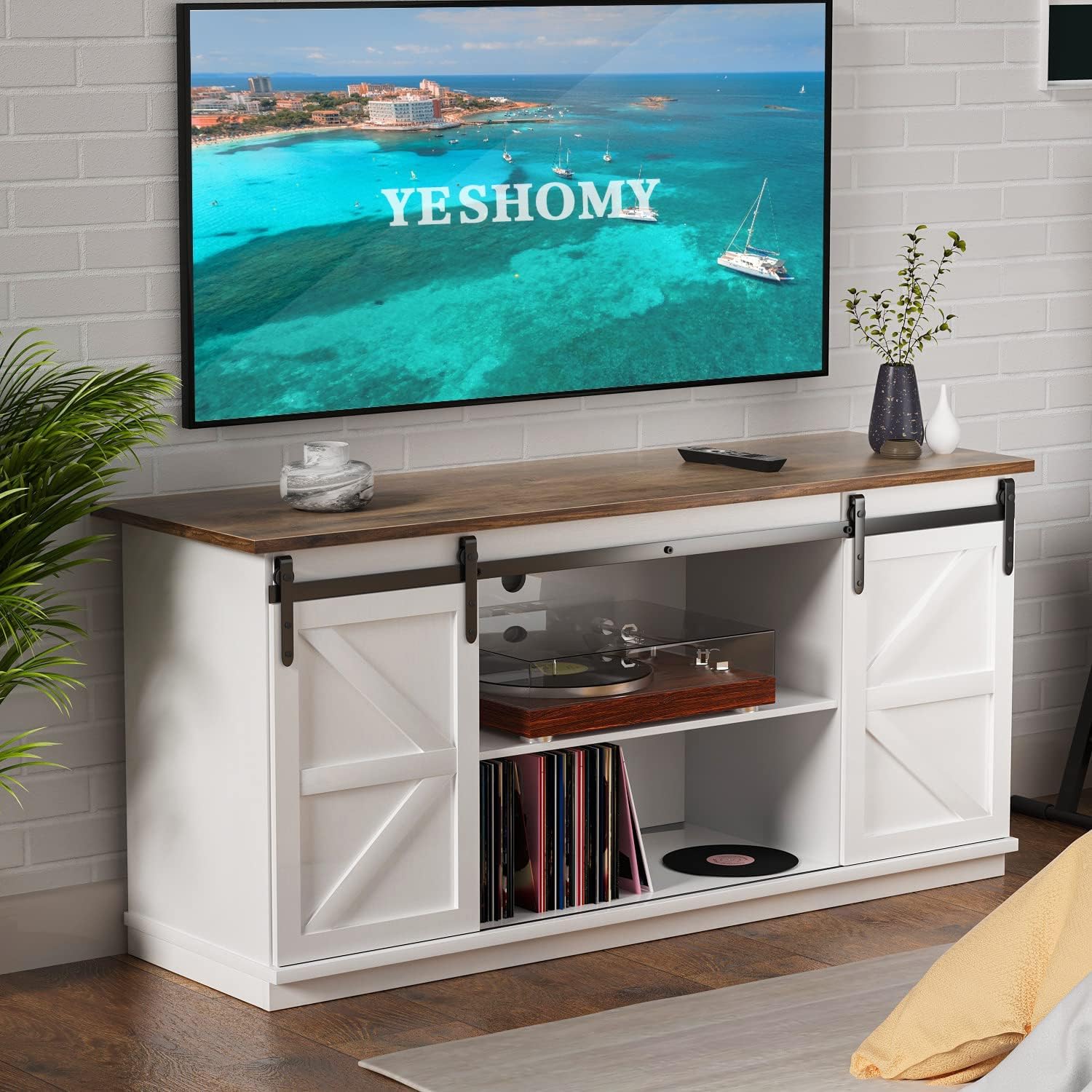 YESHOMY TV Stand for Televisions up to 65 Inches, with Sliding Barn Doors and Storage Cabinets, Console Table and Media Furniture for Living Room, 58 Inch, Barnwood