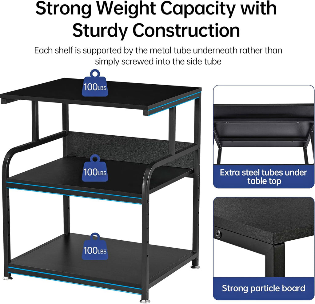 Printer Stand, 23.6 x18.9 x 30 Inches Large Printer Table with Adjustable Storage Shelf, 3 Tier Rolling Printer Cart with Wheels for Home Office, Stand for Heat Press Mini Fridge, Black