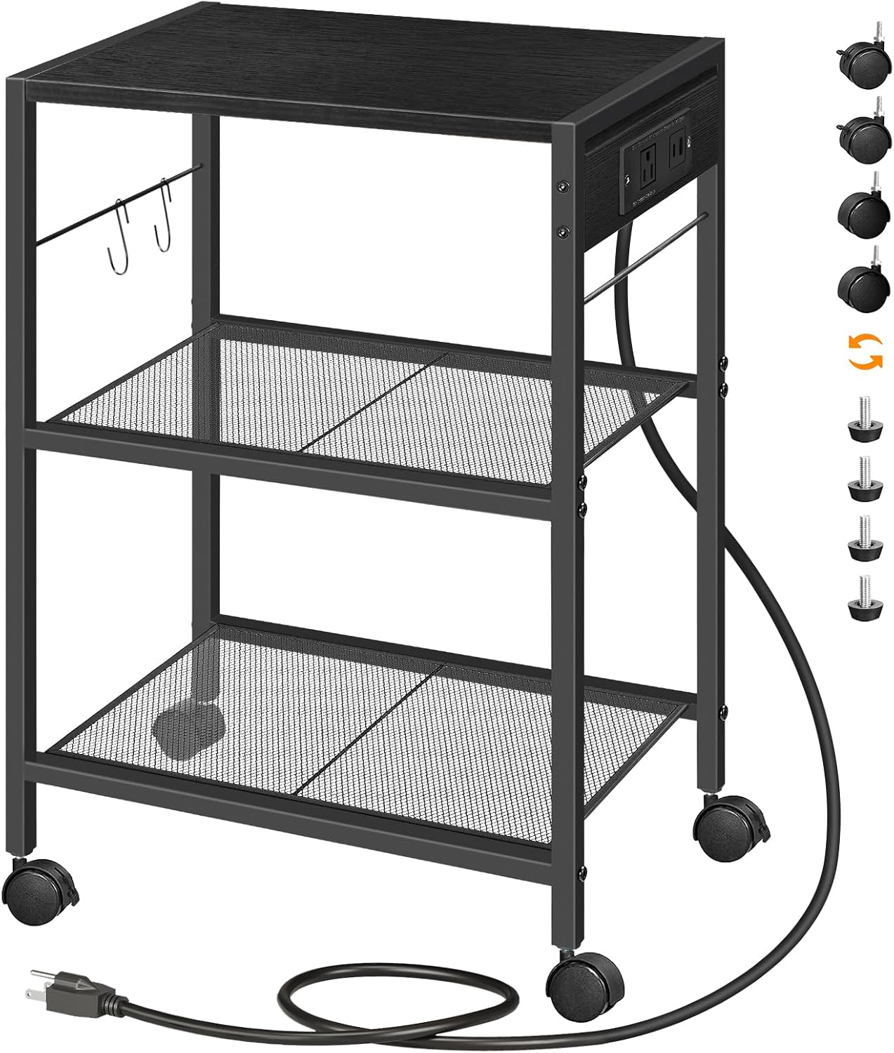 HOOBRO Industrial Printer Stand, 3-Tier Mobile Printer Table, Rolling Cart with Power Outlets and USB Ports, Home Printer Stand with 2 Hooks, for Office, Living Room, Rustic Brown BF22UPS01
