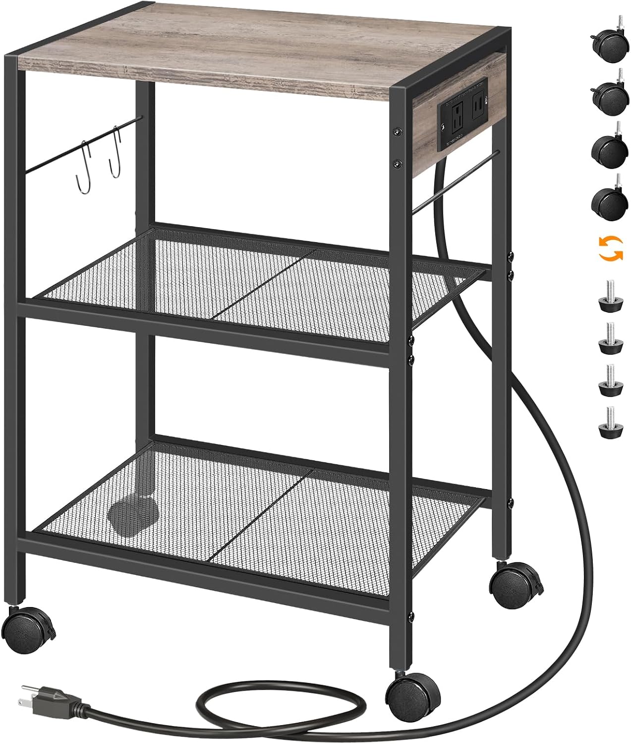 HOOBRO Industrial Printer Stand, 3-Tier Mobile Printer Table, Rolling Cart with Power Outlets and USB Ports, Home Printer Stand with 2 Hooks, for Office, Living Room, Rustic Brown BF22UPS01