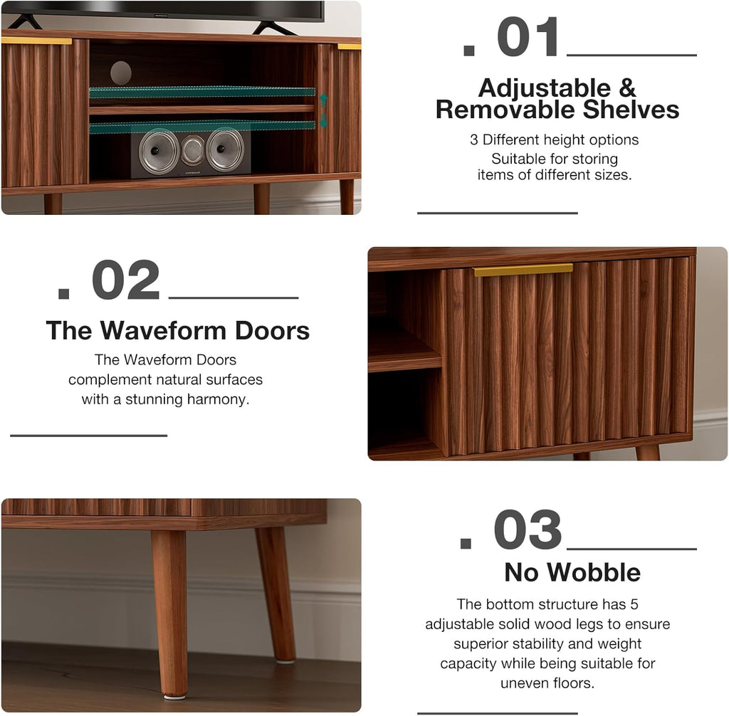 TV Stand for Living Room, Mid Century Modern Entertainment Center for 55/60 inch TVs, TV Console with Fluted Door Cabinets and Open Shelves, for Bedroom, Walnut