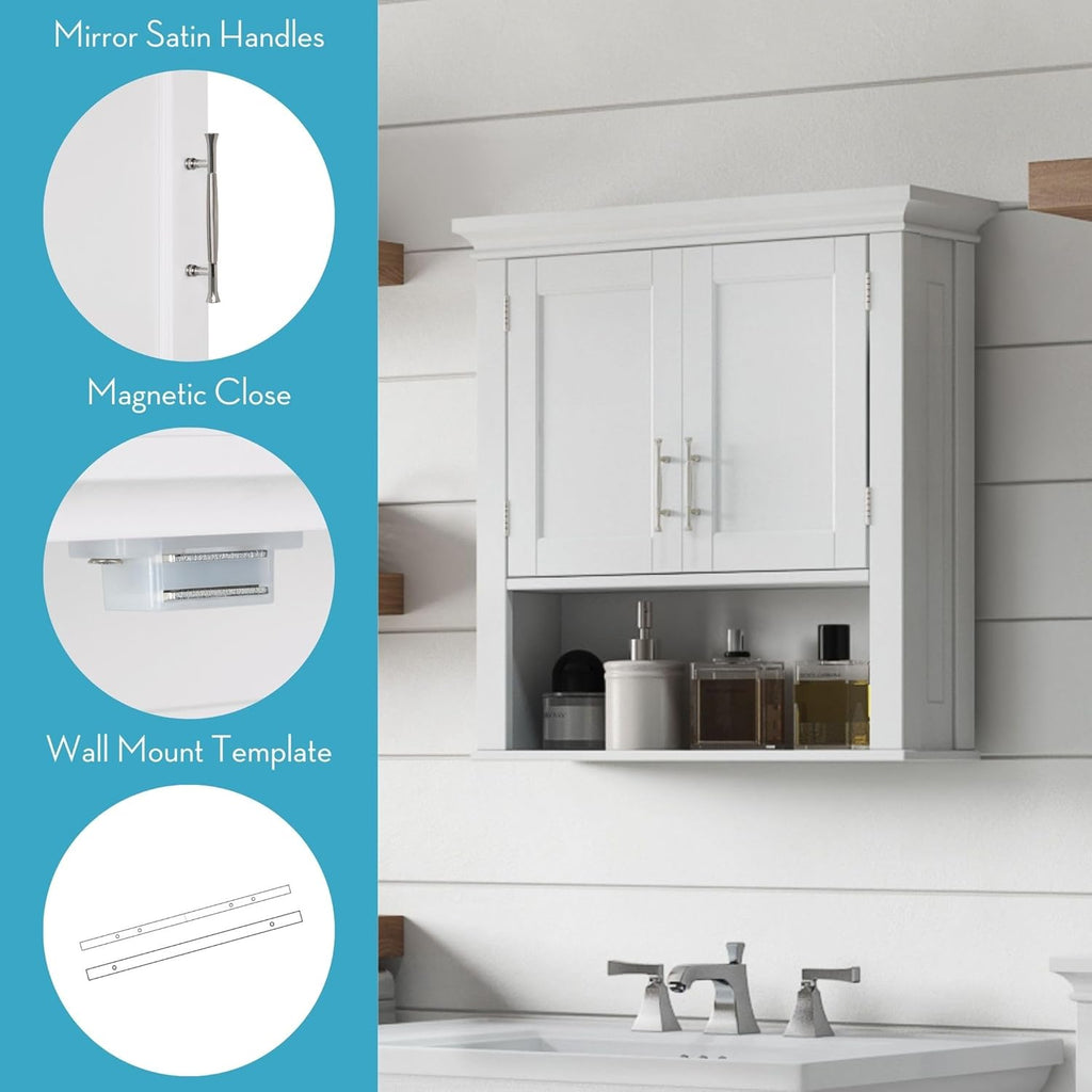 RiverRidge Somerset Two-Door Bathroom and Laundry Wall Mount Storage Medicine Cabinet with Open and Adjustable Shelf - White