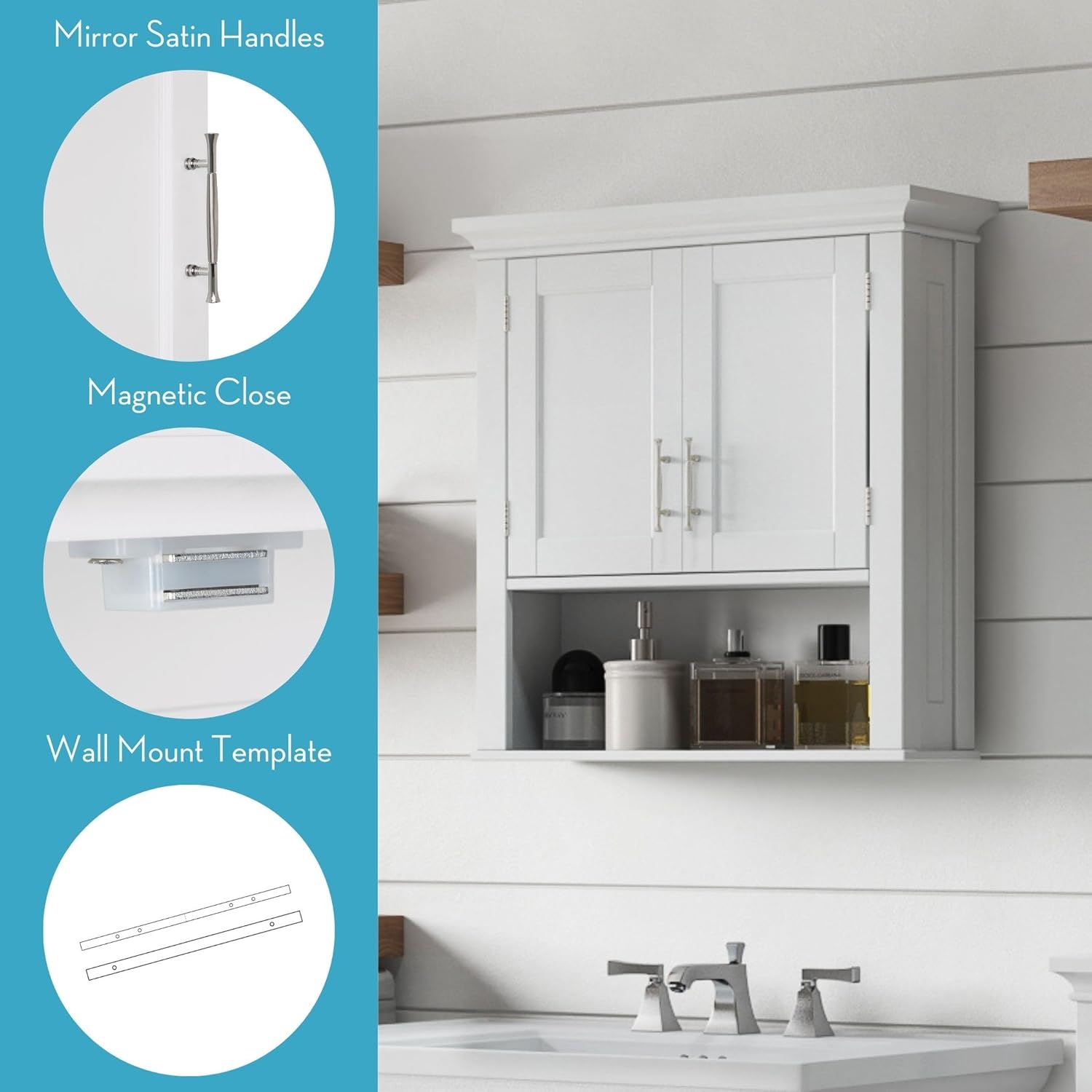 RiverRidge Somerset Two-Door Bathroom and Laundry Wall Mount Storage Medicine Cabinet with Open and Adjustable Shelf - White