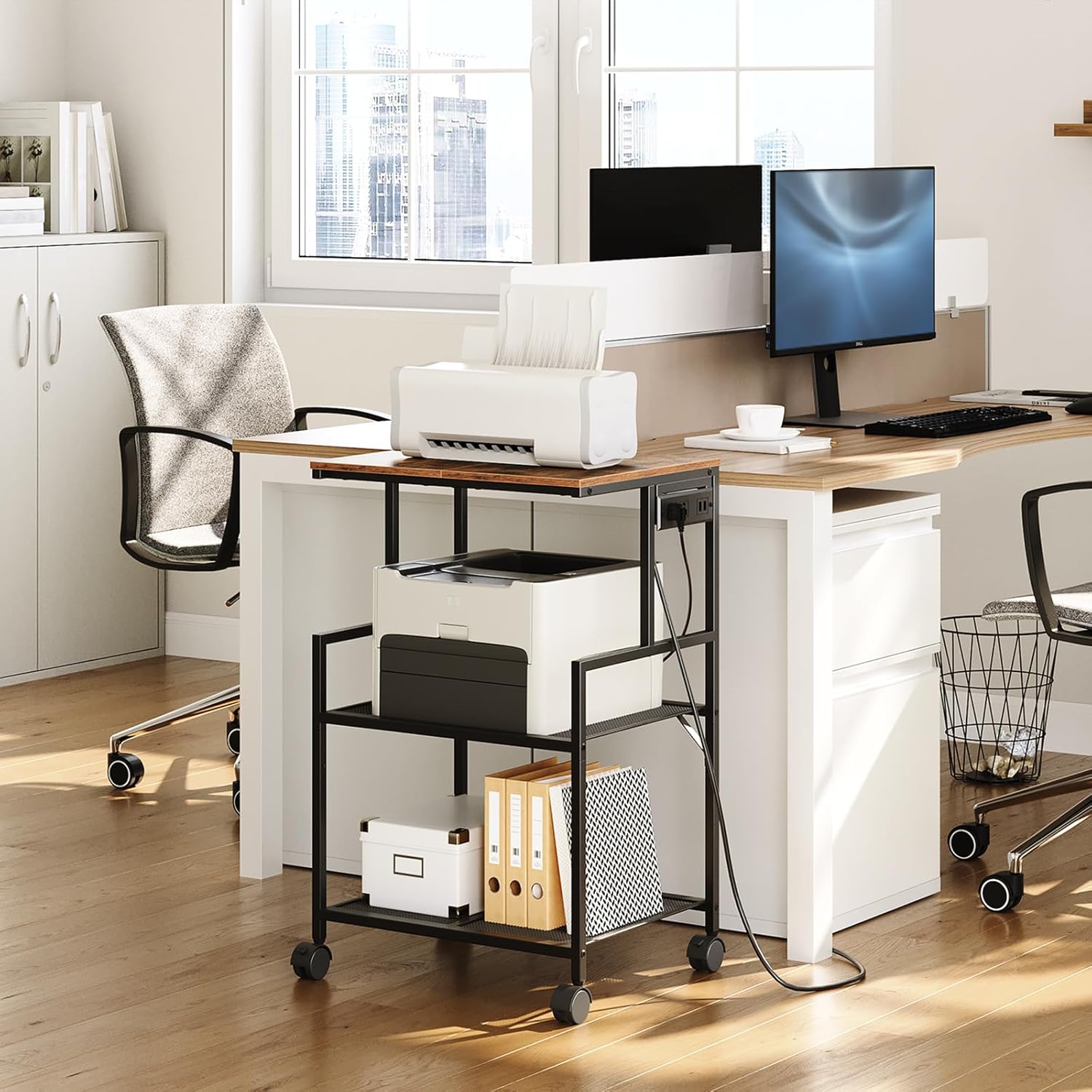 Mobile Printer Stand, 3-Tier Industrial Printer Cart with Power Outlets and 2 USB Ports, Rolling Printer Table on Wheels for Home Offices Kitchen Organization Rack, Rustic Brown PTHR78E01