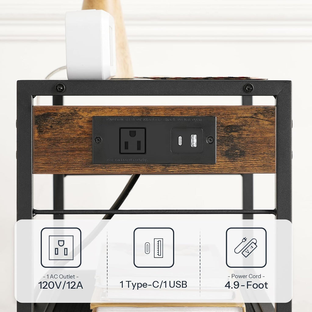 HOOBRO Industrial Printer Stand, 3-Tier Mobile Printer Table, Rolling Cart with Power Outlets and USB Ports, Home Printer Stand with 2 Hooks, for Office, Living Room, Rustic Brown BF22UPS01