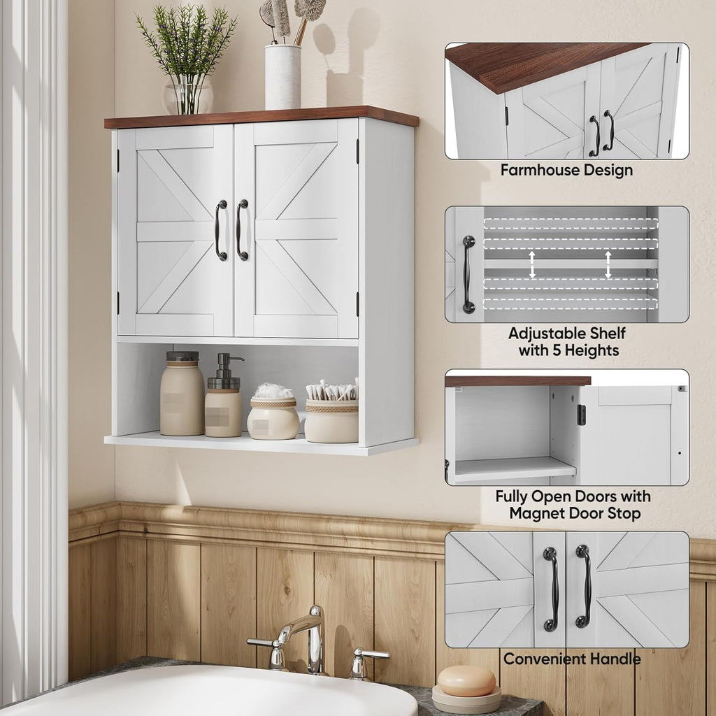 Bathroom Wall Cabinet with Barn Doors, Wall Mounted Bathroom Cabinet, Farmhouse Style, Adjustable Shelf, Wall Mounted Medicine Cabinets, White