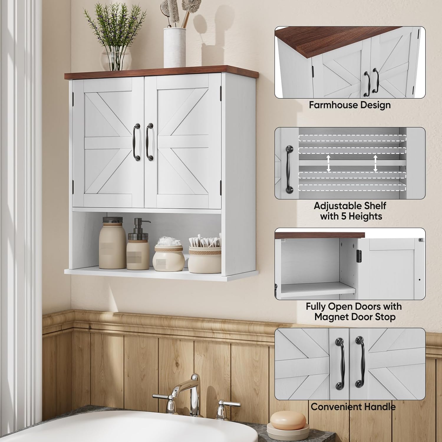 Bathroom Wall Cabinet with Barn Doors, Wall Mounted Bathroom Cabinet, Farmhouse Style, Adjustable Shelf, Wall Mounted Medicine Cabinets, White