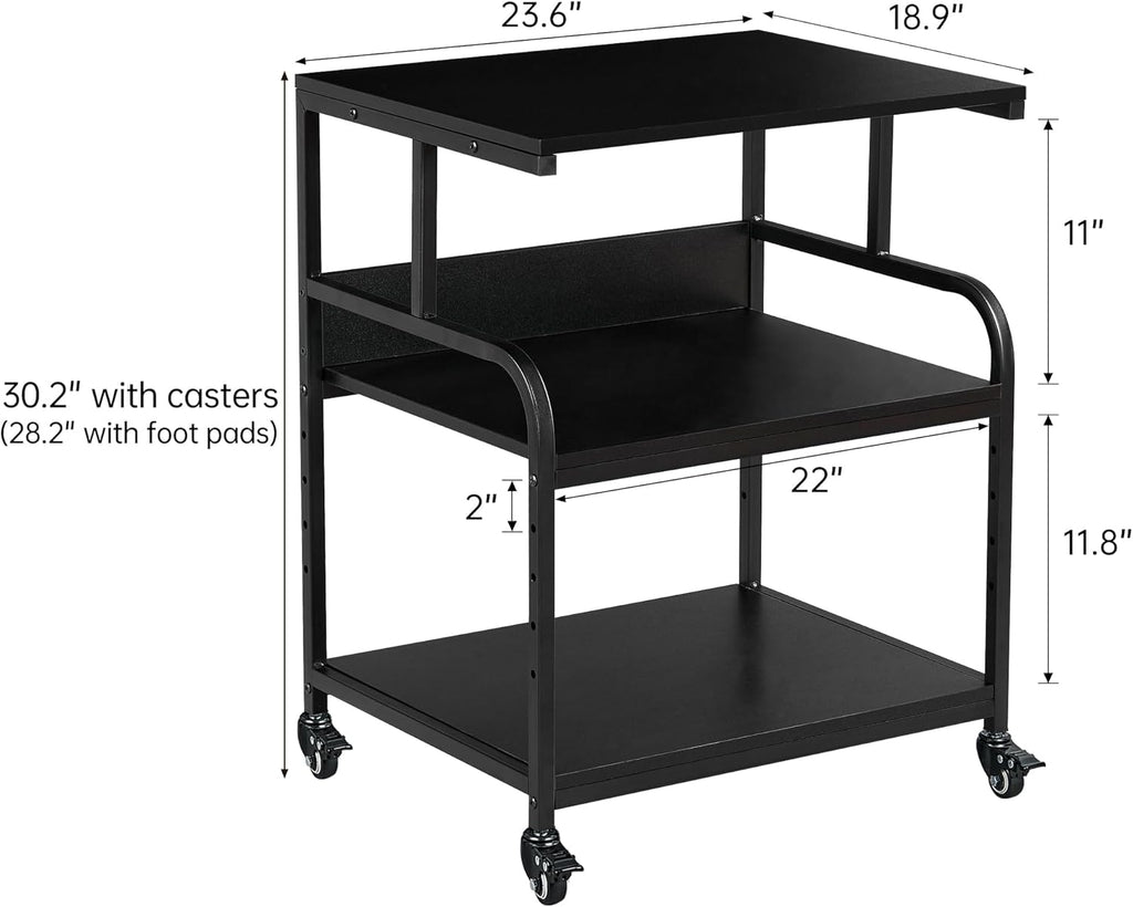 Printer Stand, 23.6 x18.9 x 30 Inches Large Printer Table with Adjustable Storage Shelf, 3 Tier Rolling Printer Cart with Wheels for Home Office, Stand for Heat Press Mini Fridge, Black