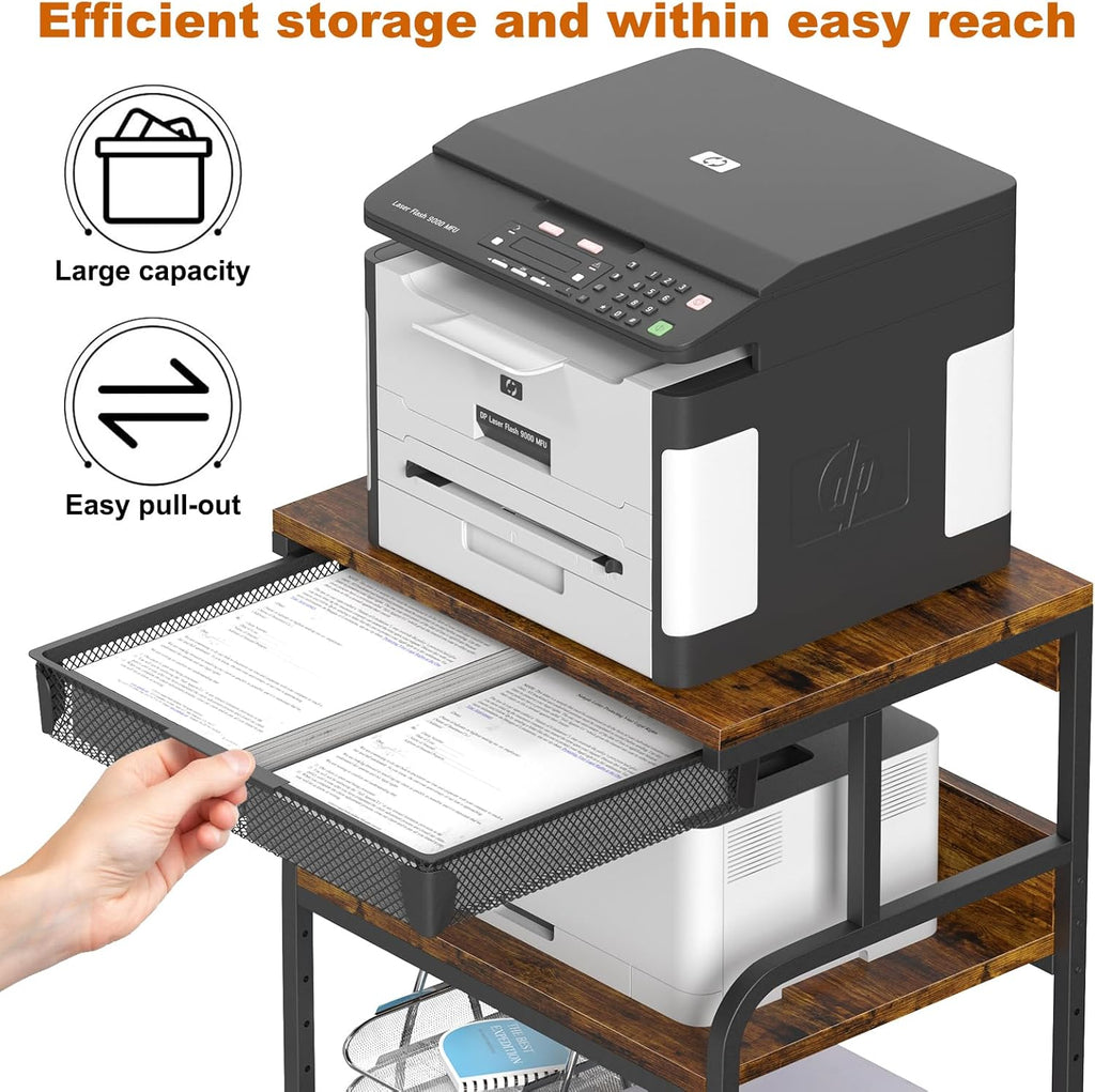 EasyCom 23.6''x18.9'' Extra Large Printer Stand with Drawer, 5-Adjustable Heights 3 Tier Table with Wheels, Rolling Printer Cart with Storage for Printer Scanner Fax Home Office Use