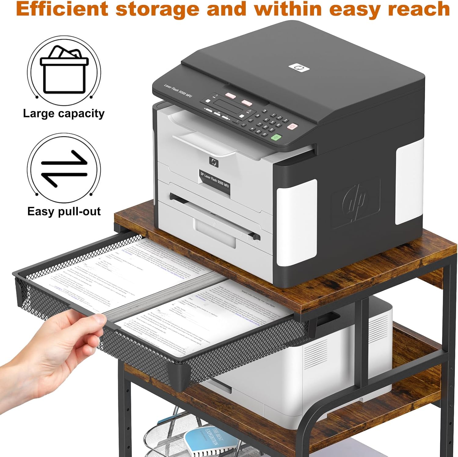 EasyCom 23.6''x18.9'' Extra Large Printer Stand with Drawer, 5-Adjustable Heights 3 Tier Table with Wheels, Rolling Printer Cart with Storage for Printer Scanner Fax Home Office Use