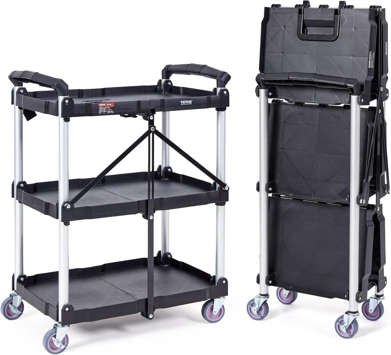 VEVOR Utility Service Cart, 2 Shelf 550LBS Heavy Duty Plastic Rolling Utility Cart, Medium Lipped Shelf, 360° Swivel Wheels, Ergonomic Storage Handle for Warehouse Garage, Black
