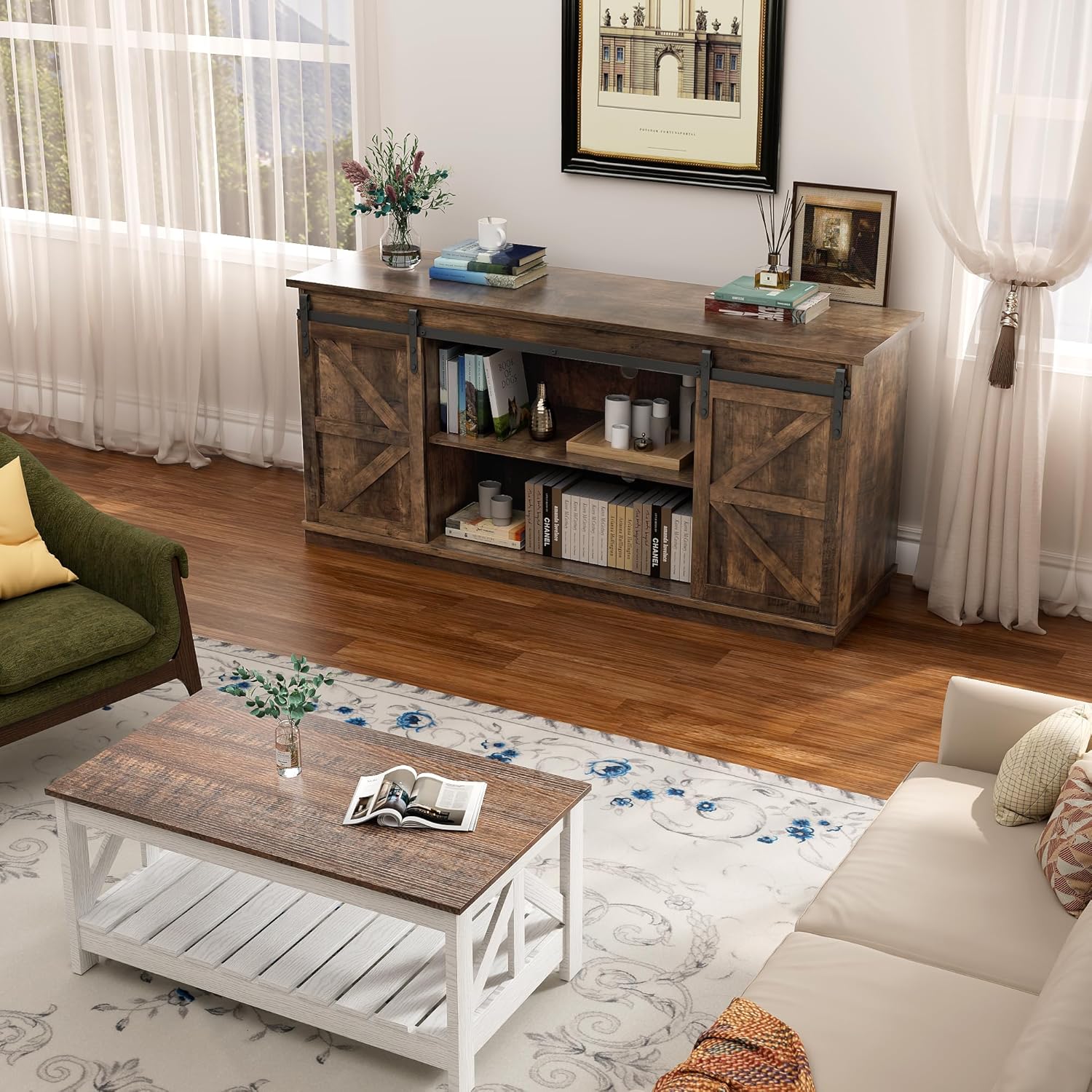 YESHOMY TV Stand for Televisions up to 65 Inches, with Sliding Barn Doors and Storage Cabinets, Console Table and Media Furniture for Living Room, 58 Inch, Barnwood