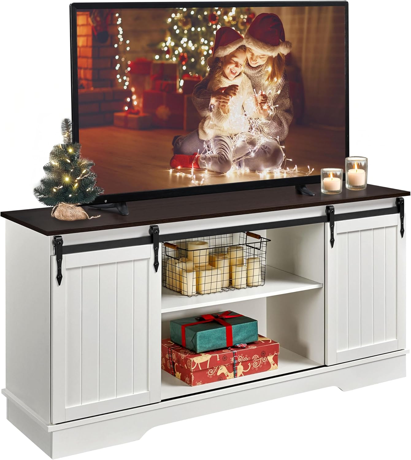 Yaheetech TV Stand for TVs Up to 65 inch, Farmhouse Media Entertainment Center, 58'' TV Console Table with Adjustable Shelves & Sliding Barn Doors for Living Room, Dark Walnut