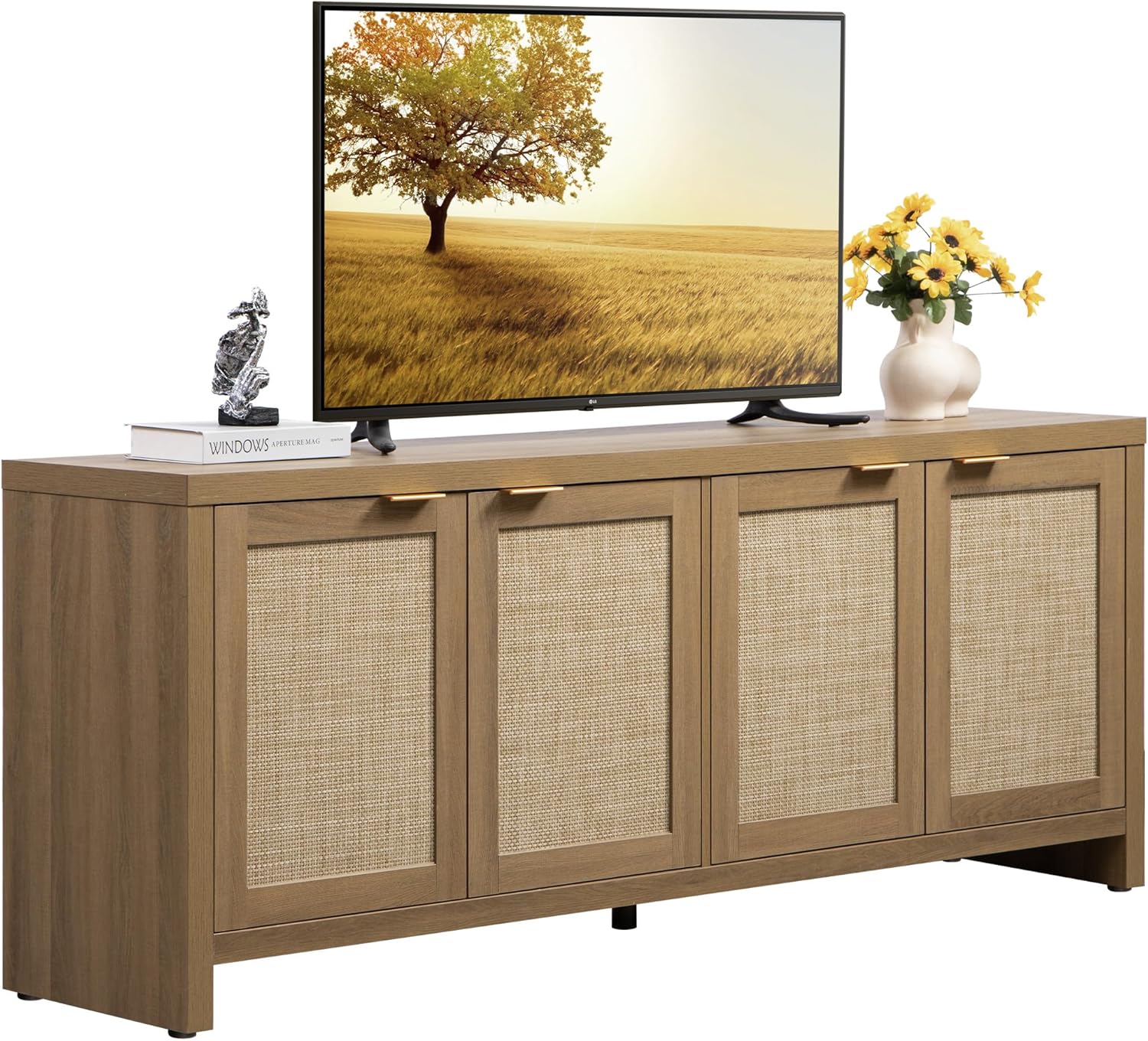 SICOTAS TV Stand for Living Room Boho Entertainment Center for Bedroom with 4 Rattan Cabinets Farmhouse Television Stands with Storage Large Media Console Table for TVs up to 45 50 55 60 65 Inch