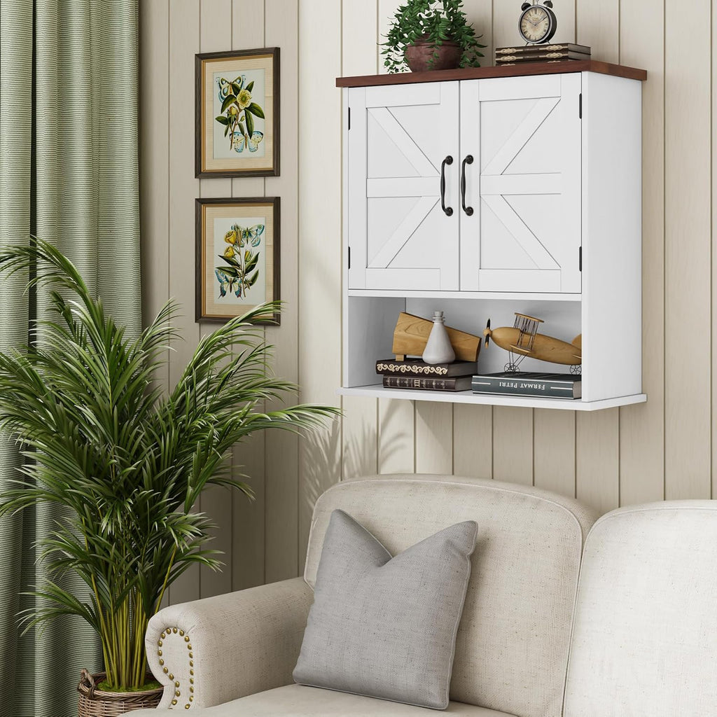 Bathroom Wall Cabinet with Barn Doors, Wall Mounted Bathroom Cabinet, Farmhouse Style, Adjustable Shelf, Wall Mounted Medicine Cabinets, White