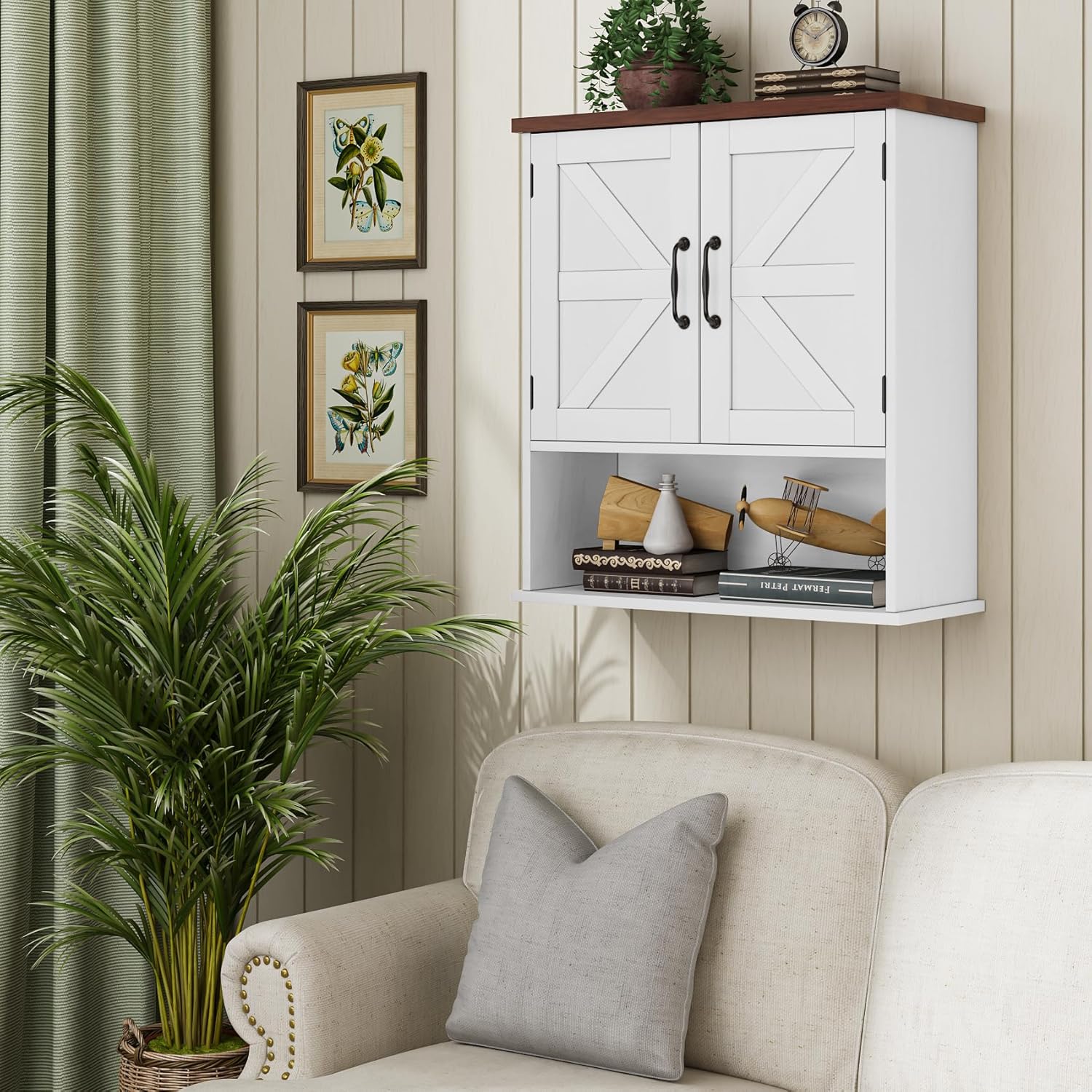 Bathroom Wall Cabinet with Barn Doors, Wall Mounted Bathroom Cabinet, Farmhouse Style, Adjustable Shelf, Wall Mounted Medicine Cabinets, White