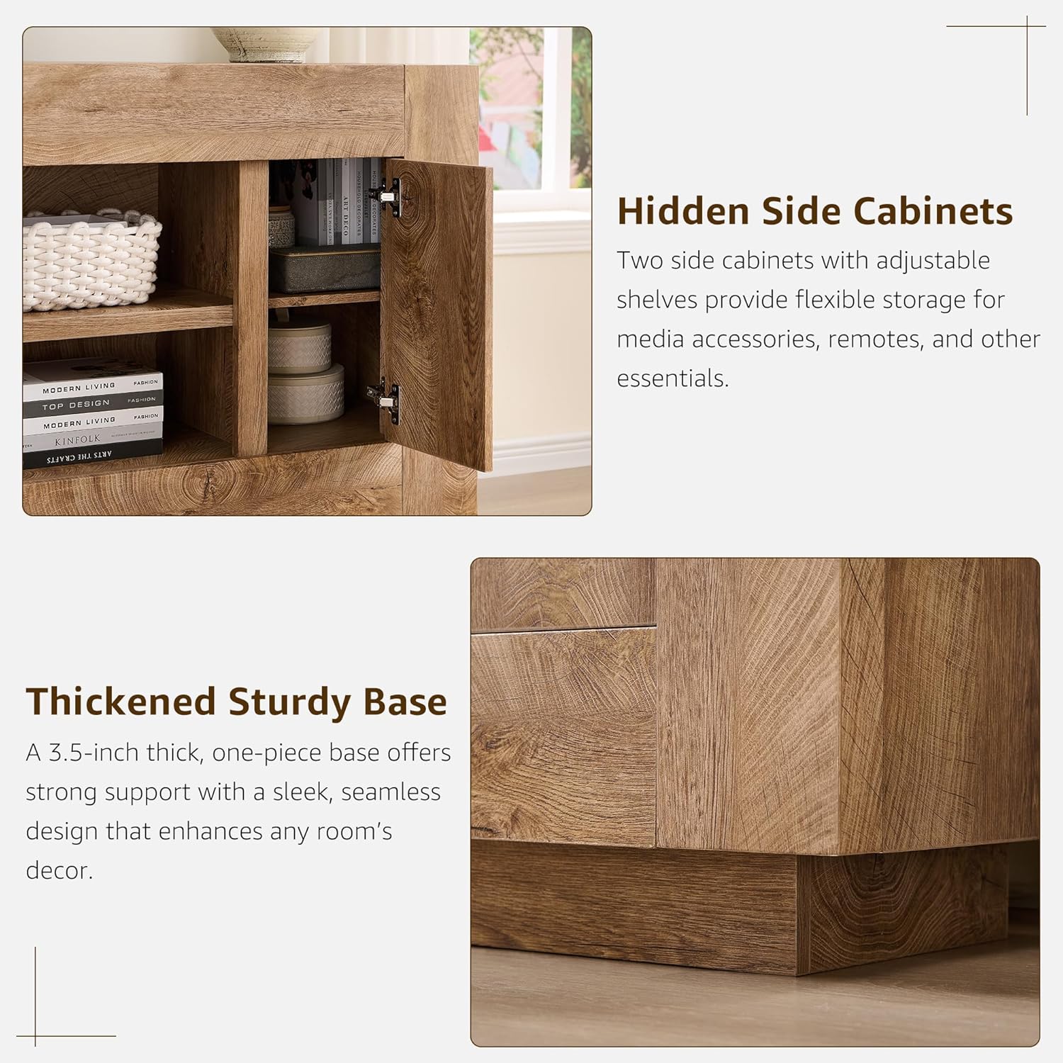 OKD Modern 70" TV Stand, Entertainment Center for TVs Up to 80", Media Console with Large Open Storage & Side Cabinets, Thick Wood Design for Living Room, Light Knotty Oak