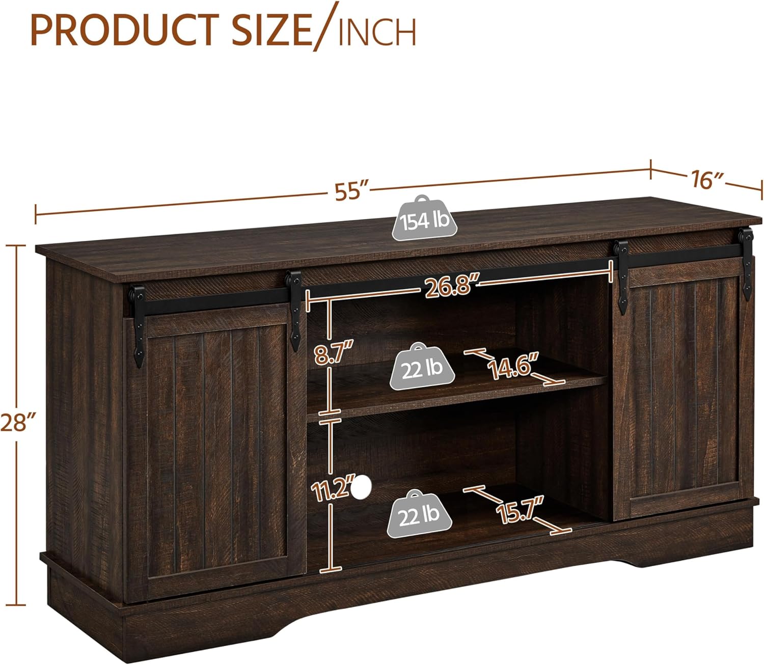 Yaheetech TV Stand for TVs Up to 65 inch, Farmhouse Media Entertainment Center, 58'' TV Console Table with Adjustable Shelves & Sliding Barn Doors for Living Room, Dark Walnut