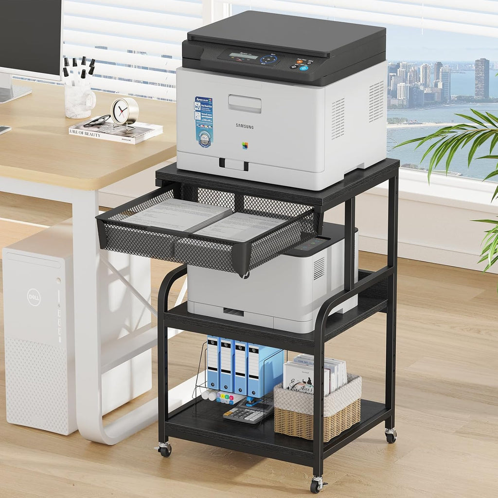 EasyCom 23.6''x18.9'' Extra Large Printer Stand with Drawer, 5-Adjustable Heights 3 Tier Table with Wheels, Rolling Printer Cart with Storage for Printer Scanner Fax Home Office Use