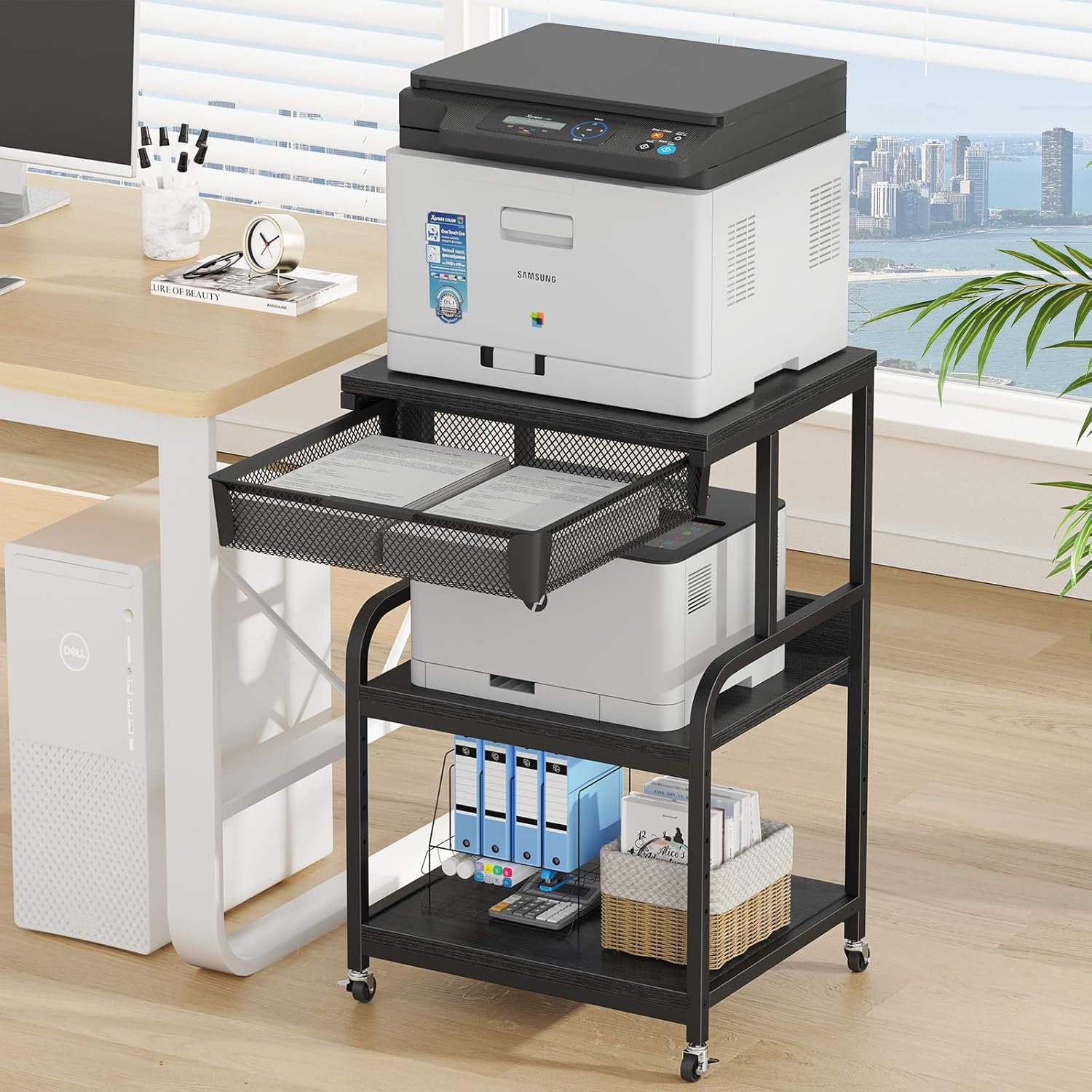 EasyCom 23.6''x18.9'' Extra Large Printer Stand with Drawer, 5-Adjustable Heights 3 Tier Table with Wheels, Rolling Printer Cart with Storage for Printer Scanner Fax Home Office Use