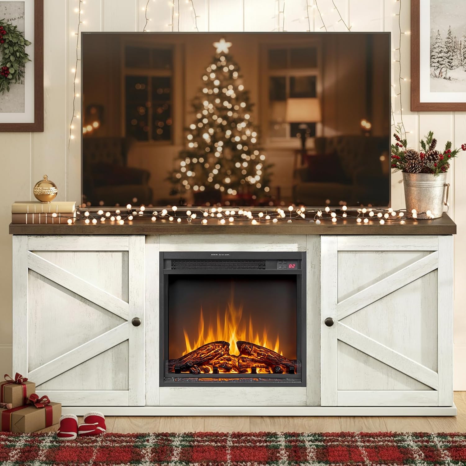 VASAGLE Farmhouse TV Stand for TVs up to 65 Inches, Entertainment Center with Storage Cabinets and Sliding Barn Doors, Media Console Table for Living Room, Rustic White and Honey Brown ULTV535W01