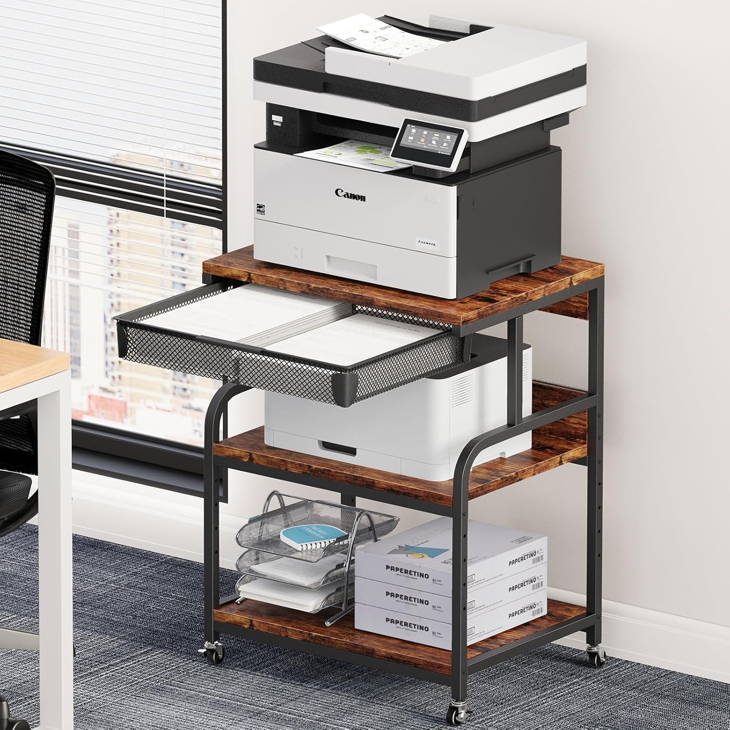 EasyCom 23.6''x18.9'' Extra Large Printer Stand with Drawer, 5-Adjustable Heights 3 Tier Table with Wheels, Rolling Printer Cart with Storage for Printer Scanner Fax Home Office Use