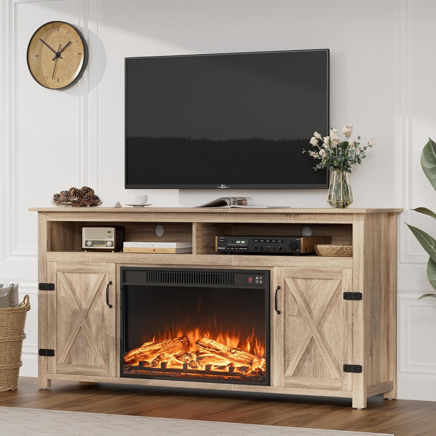 JUMMICO TV Stand for 65 Inch TV, Entertainment Center with Storage Cabinets and Sliding Barn Doors, Mid Century Modern Media TV Console Table for Living Room Bedroom (Bright White)