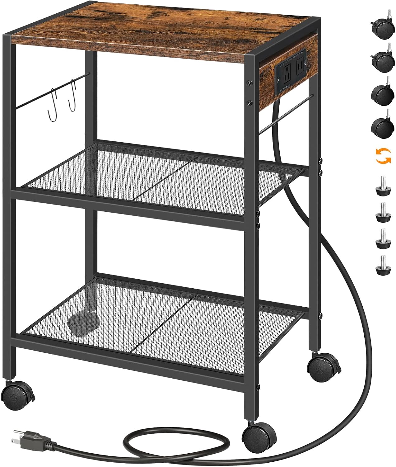 HOOBRO Industrial Printer Stand, 3-Tier Mobile Printer Table, Rolling Cart with Power Outlets and USB Ports, Home Printer Stand with 2 Hooks, for Office, Living Room, Rustic Brown BF22UPS01