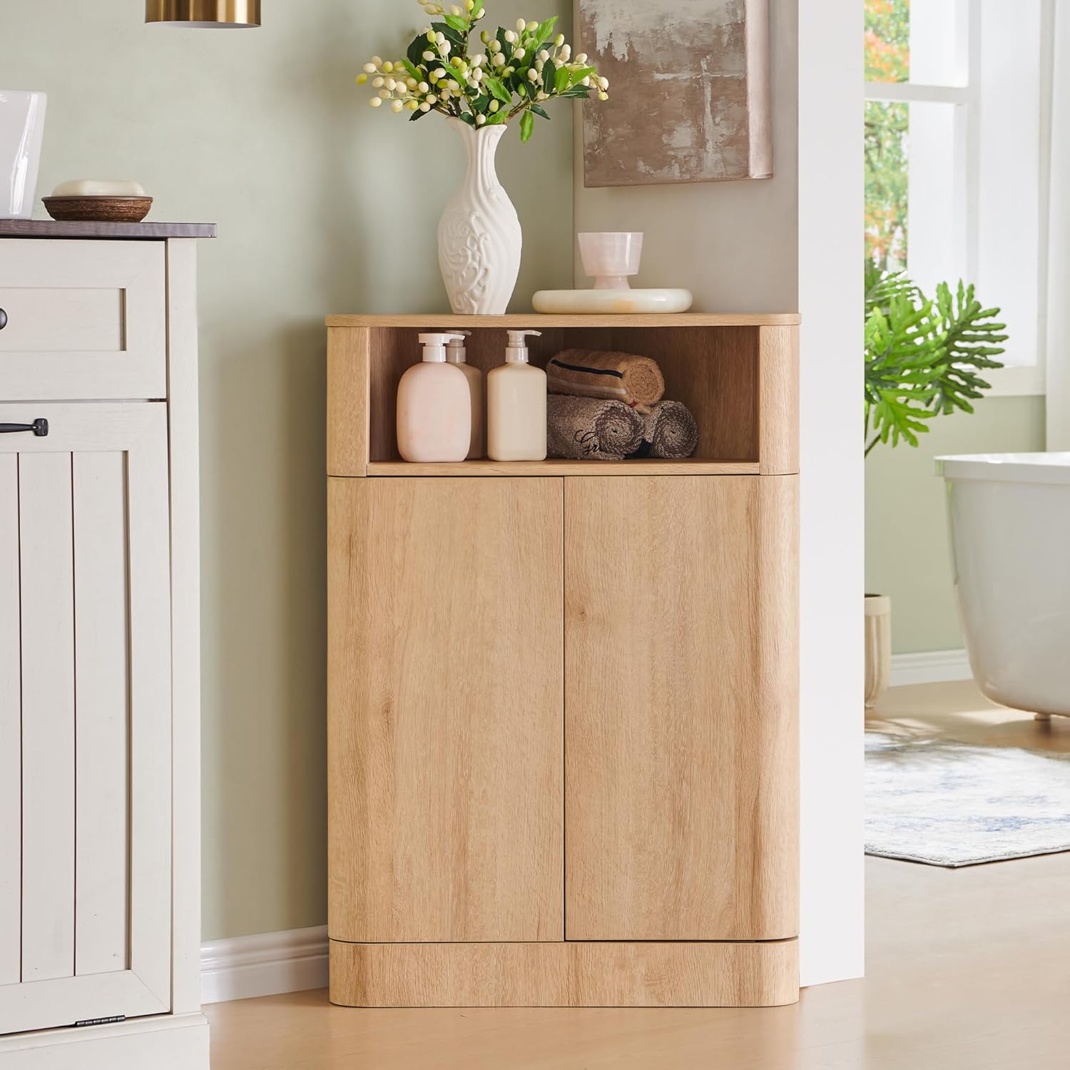 ACCOHOHO Modern Minimalist Bathroom Medicine Cabinet with Adjustable Shelf, Sliding Drawer and Magnetic Push Latch, Above Toilet Wall Mounted Hanging Storage Cabinet, Natural Oak