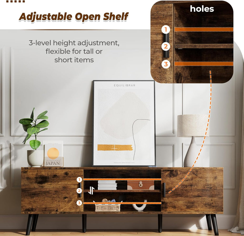 SUPERJARE TV Stand for 55 Inch TV, Entertainment Center with Adjustable Shelf, 2 Cabinets, TV Console Table, Media Console, Solid Wood Feet, Cord Holes, for Living Room, Bedroom, Rustic Brown