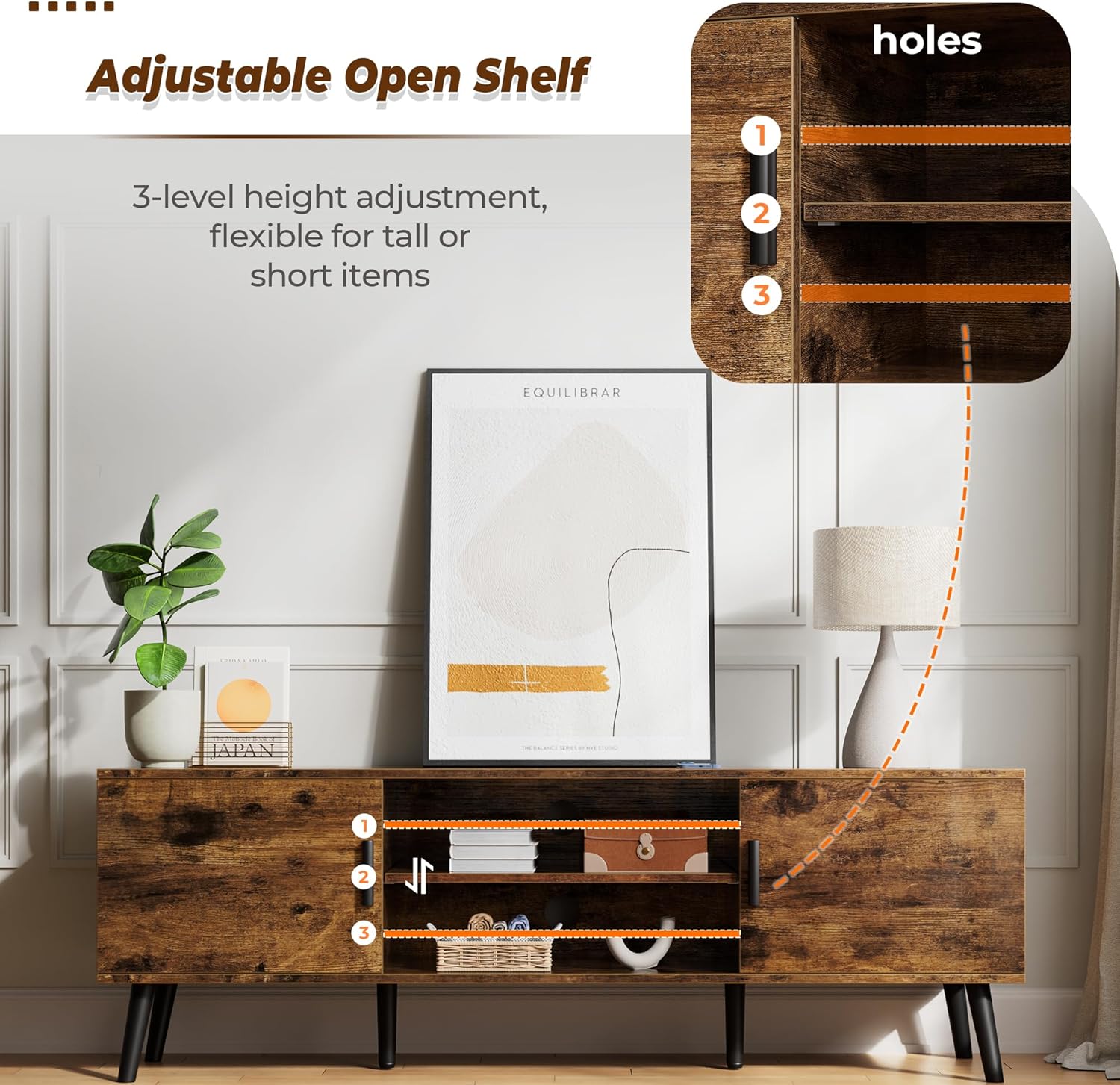 SUPERJARE TV Stand for 55 Inch TV, Entertainment Center with Adjustable Shelf, 2 Cabinets, TV Console Table, Media Console, Solid Wood Feet, Cord Holes, for Living Room, Bedroom, Rustic Brown